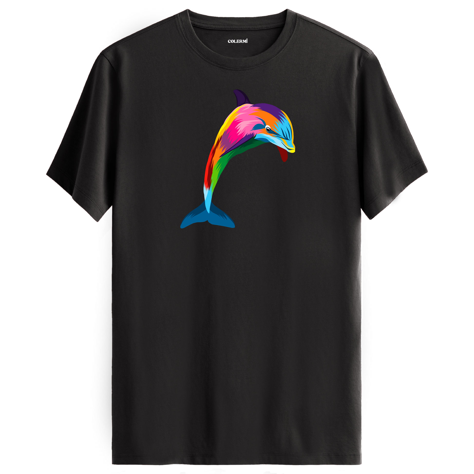 Antrasit tişört üzerinde renkli yunus tasarımı