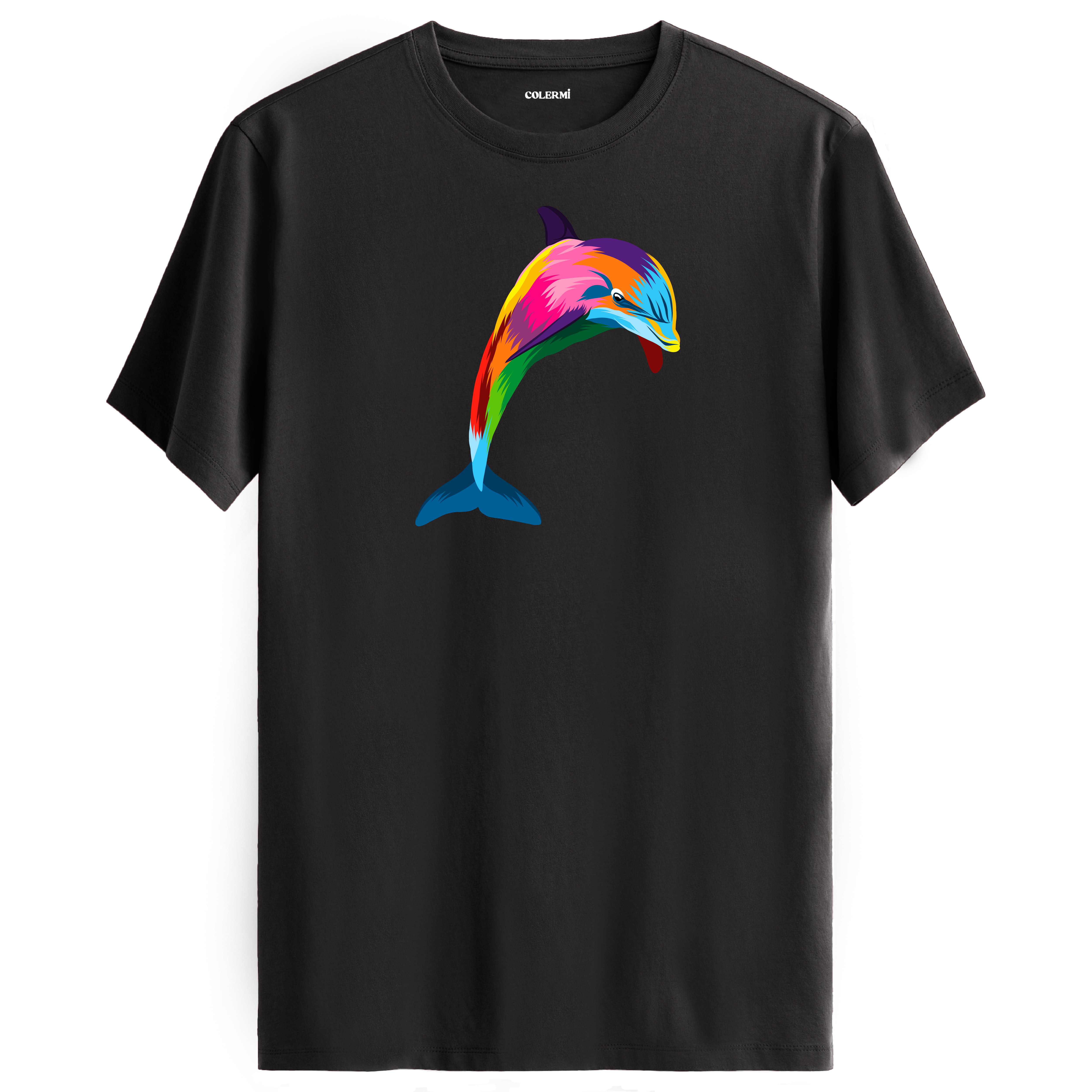 Antrasit tişört üzerinde renkli yunus tasarımı