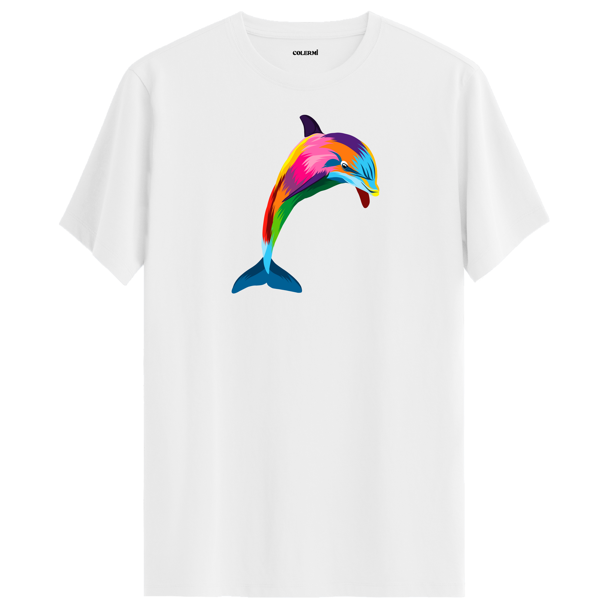 Beyaz tişört üzerinde renkli yunus tasarımı