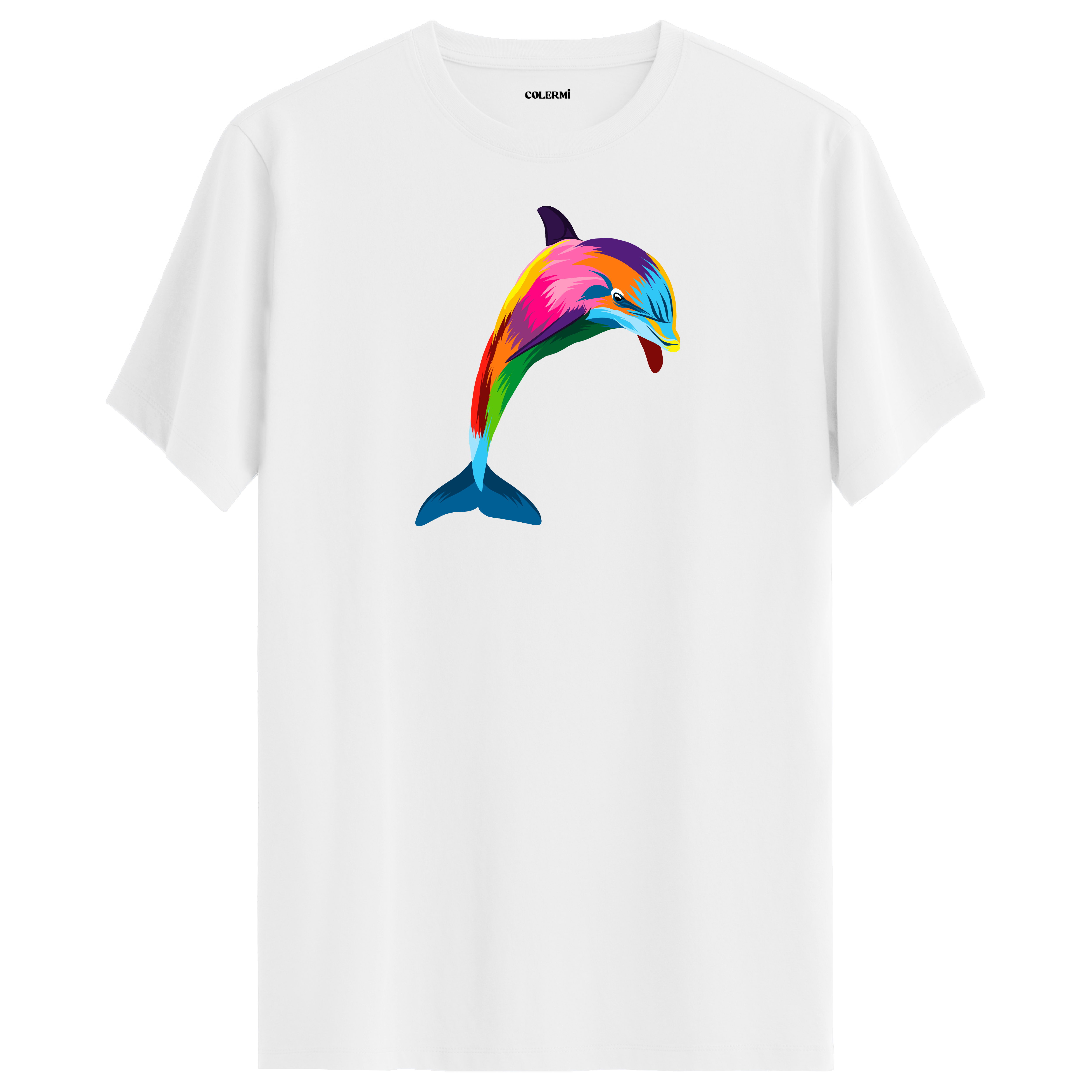 Beyaz tişört üzerinde renkli yunus tasarımı