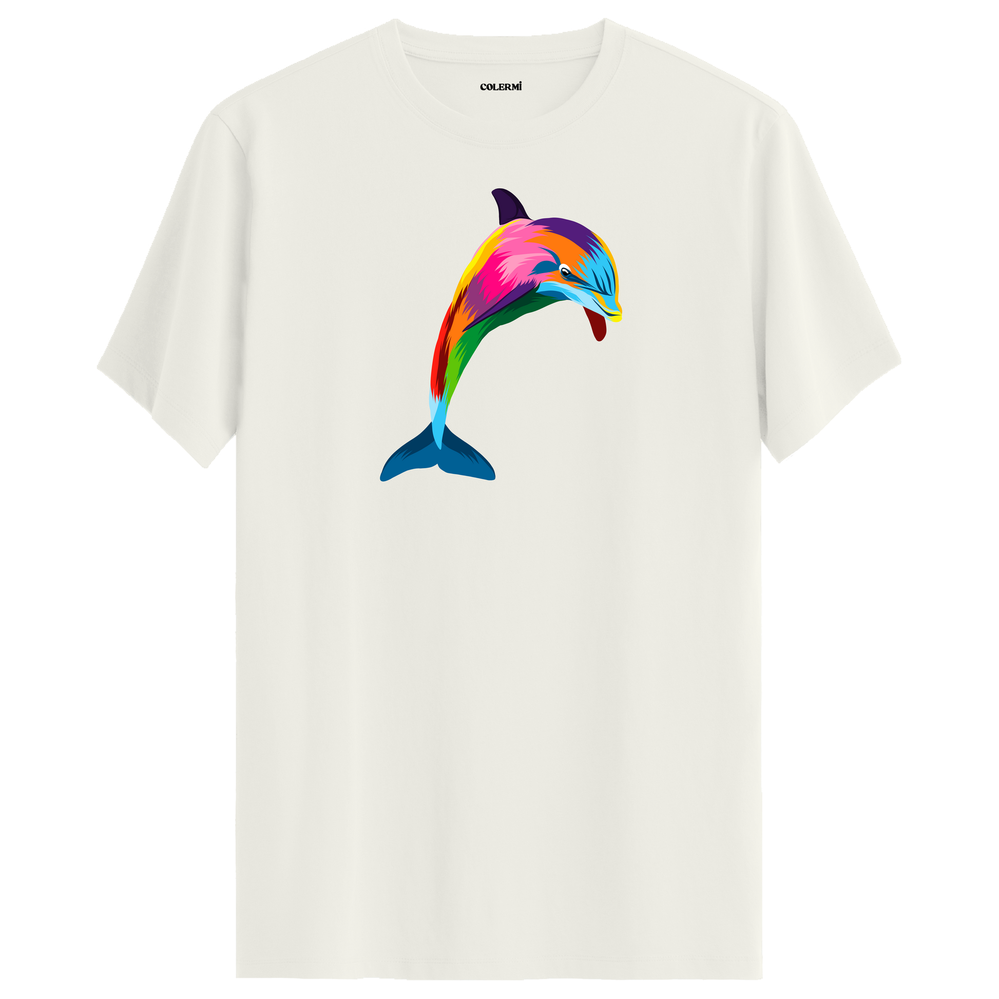 Ekru tişört üzerinde renkli yunus tasarımı