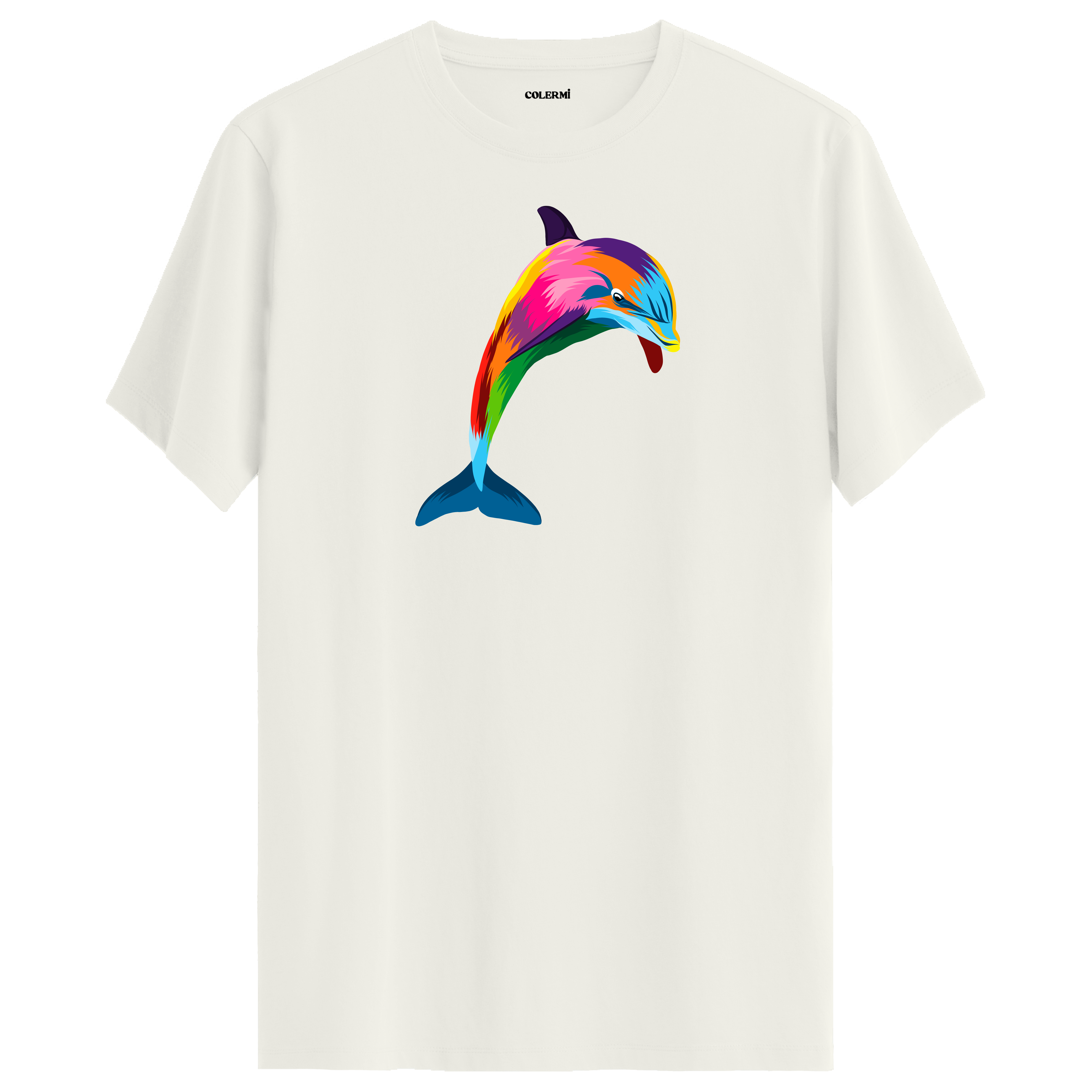 Ekru tişört üzerinde renkli yunus tasarımı