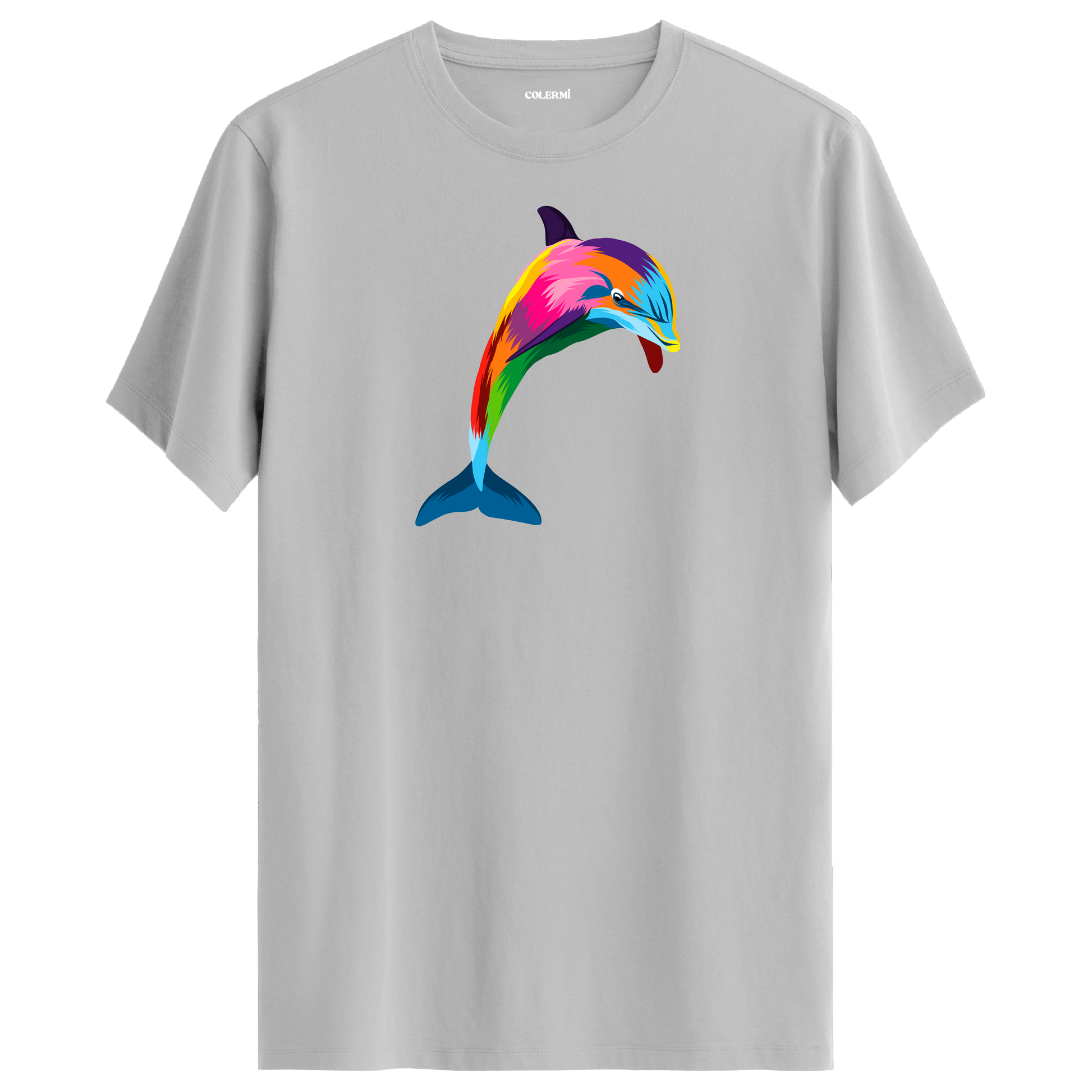 Gri tişört üzerinde renkli yunus tasarımı
