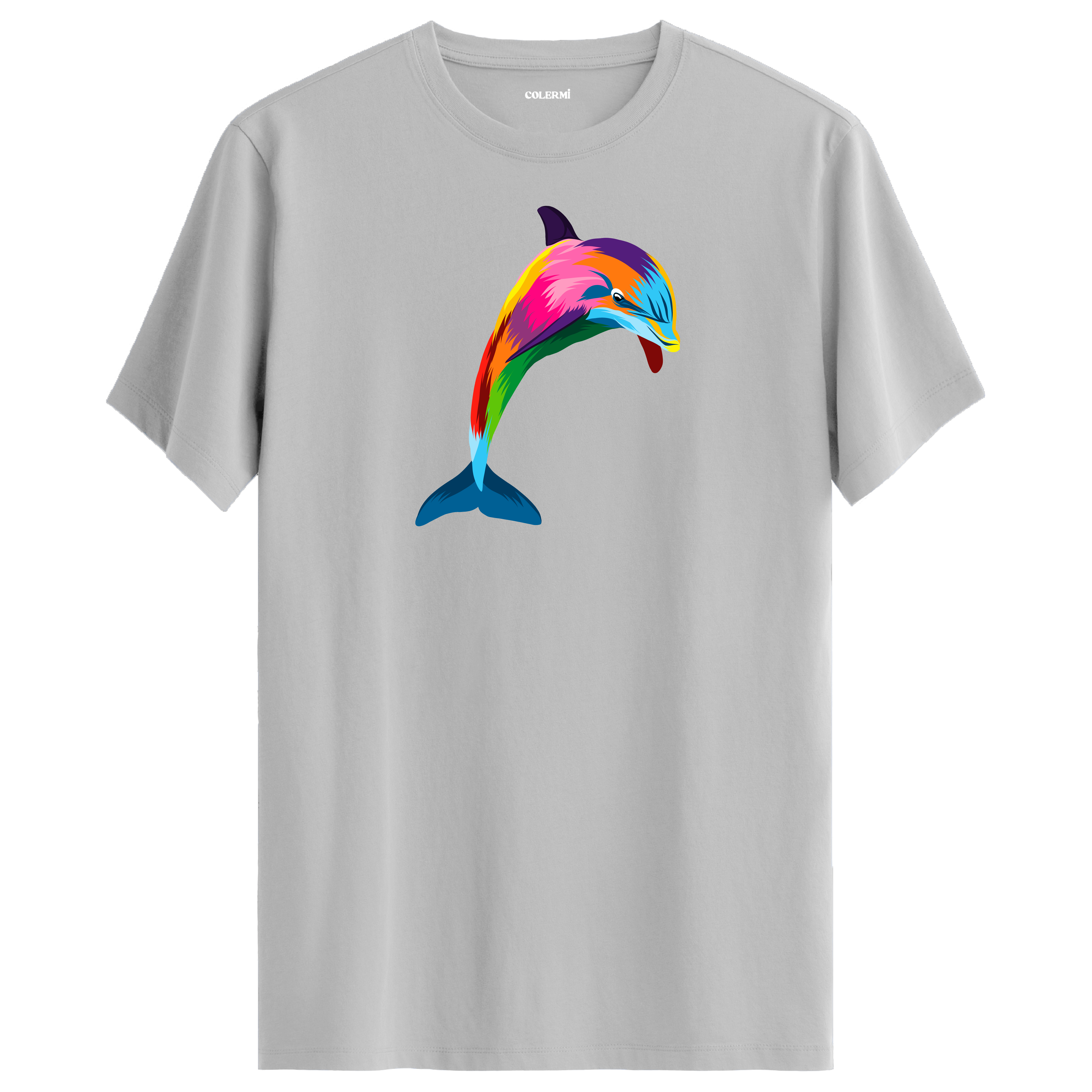 Gri tişört üzerinde renkli yunus tasarımı