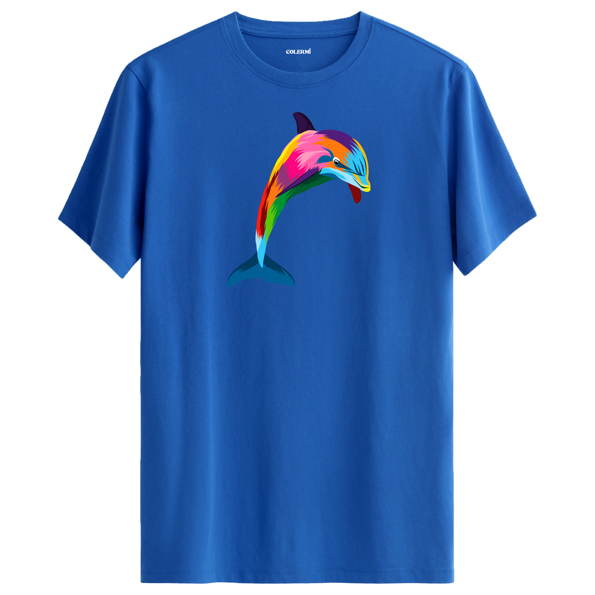 Mavi tişört üzerinde renkli yunus tasarımı