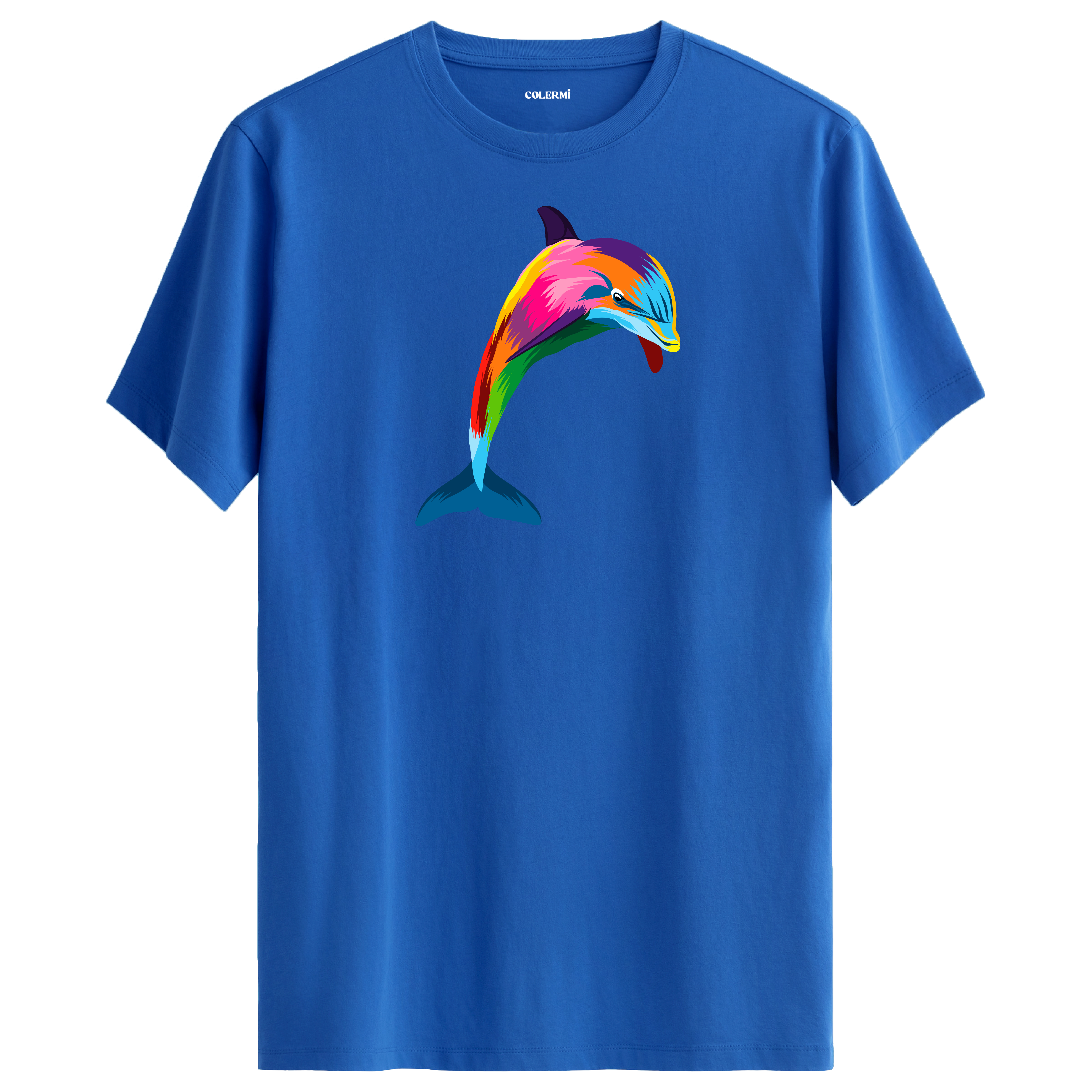 Mavi tişört üzerinde renkli yunus tasarımı