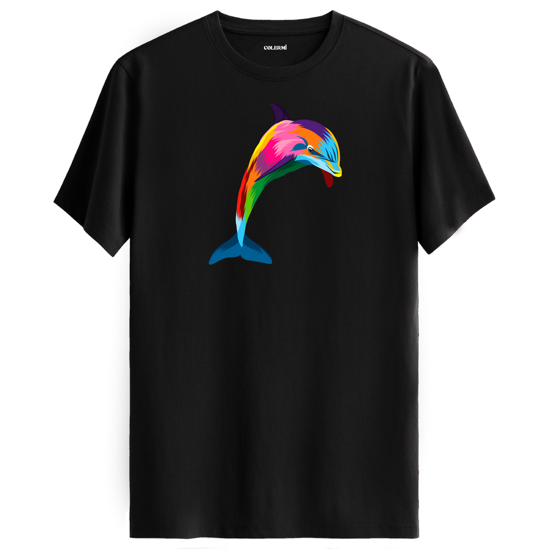 Siyah tişört üzerinde renkli yunus tasarımı