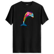 Siyah tişört üzerinde renkli yunus tasarımı