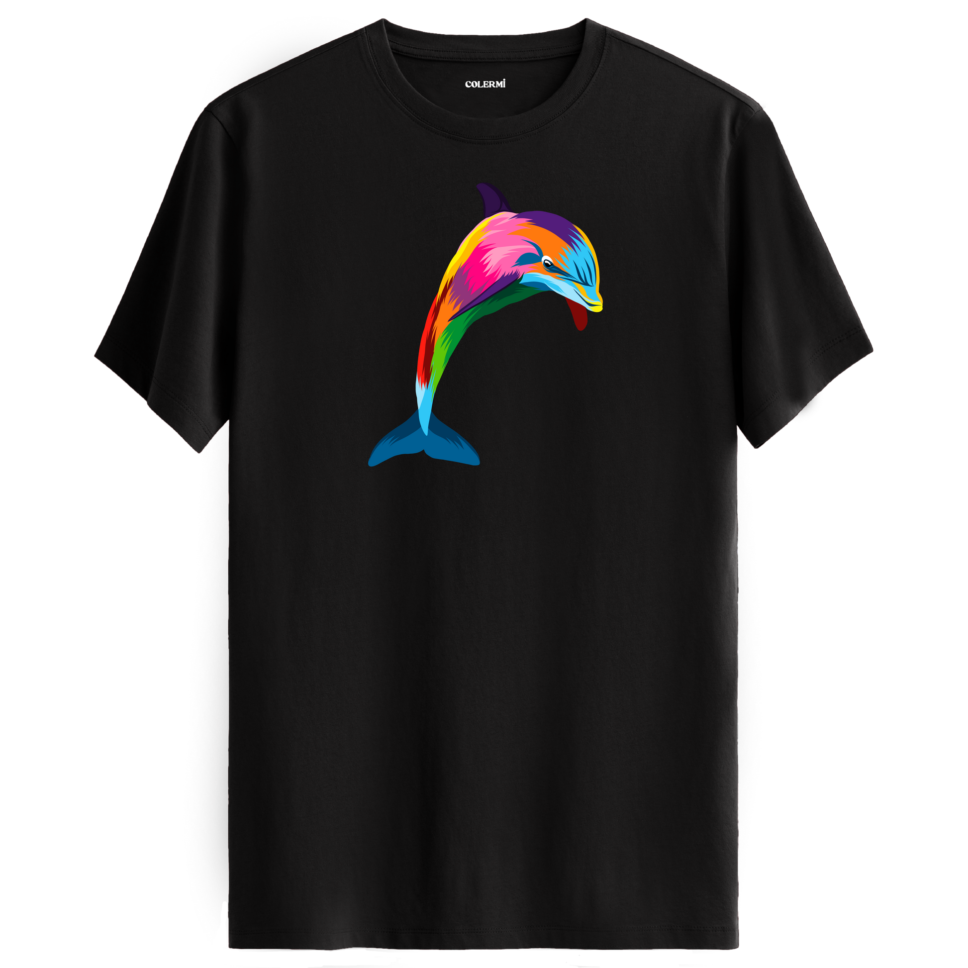 Siyah tişört üzerinde renkli yunus tasarımı