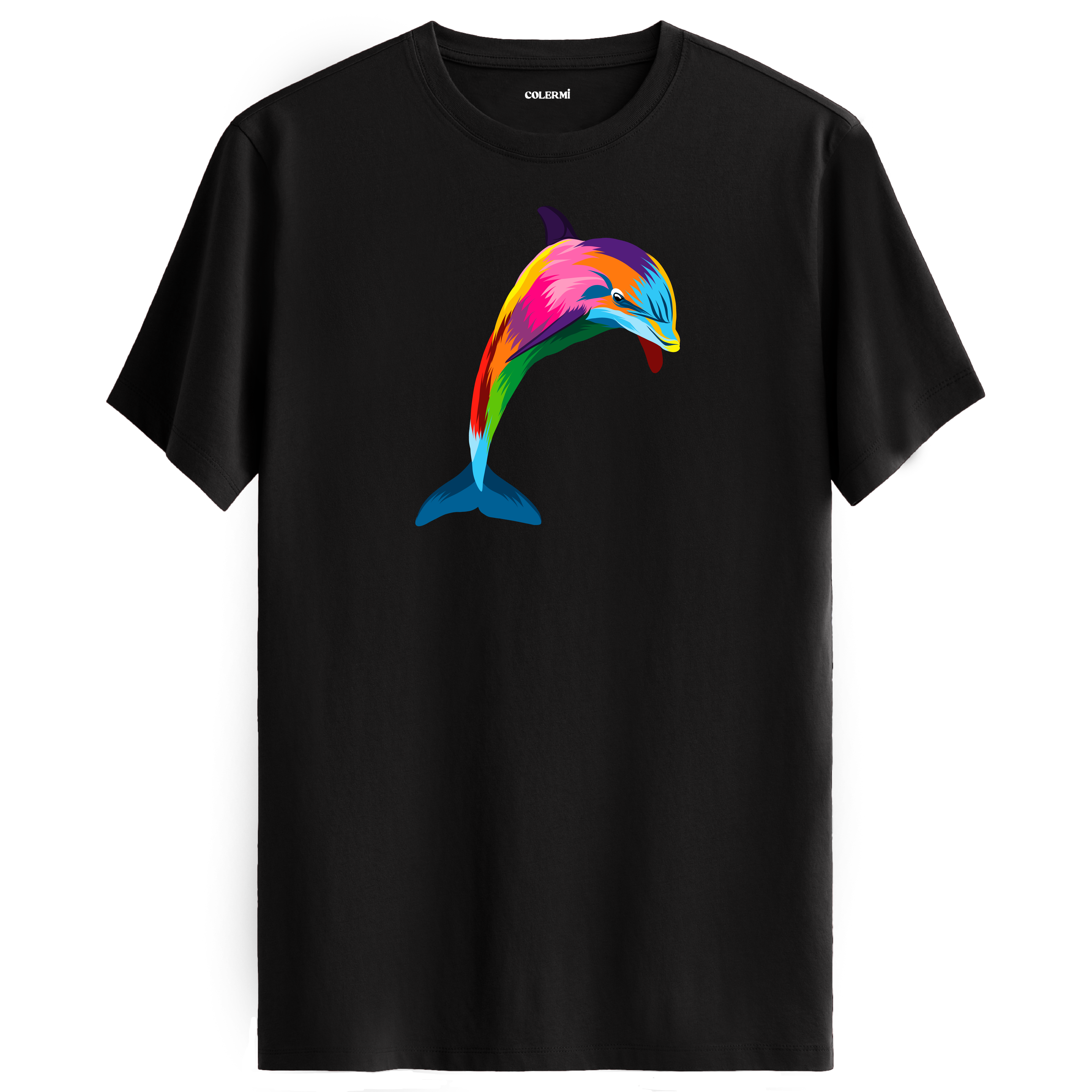 Siyah tişört üzerinde renkli yunus tasarımı