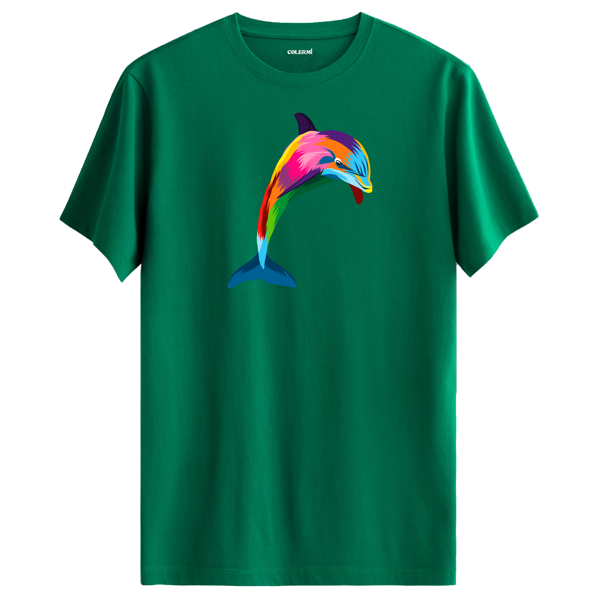 Yeşil tişört üzerinde renkli yunus tasarımı