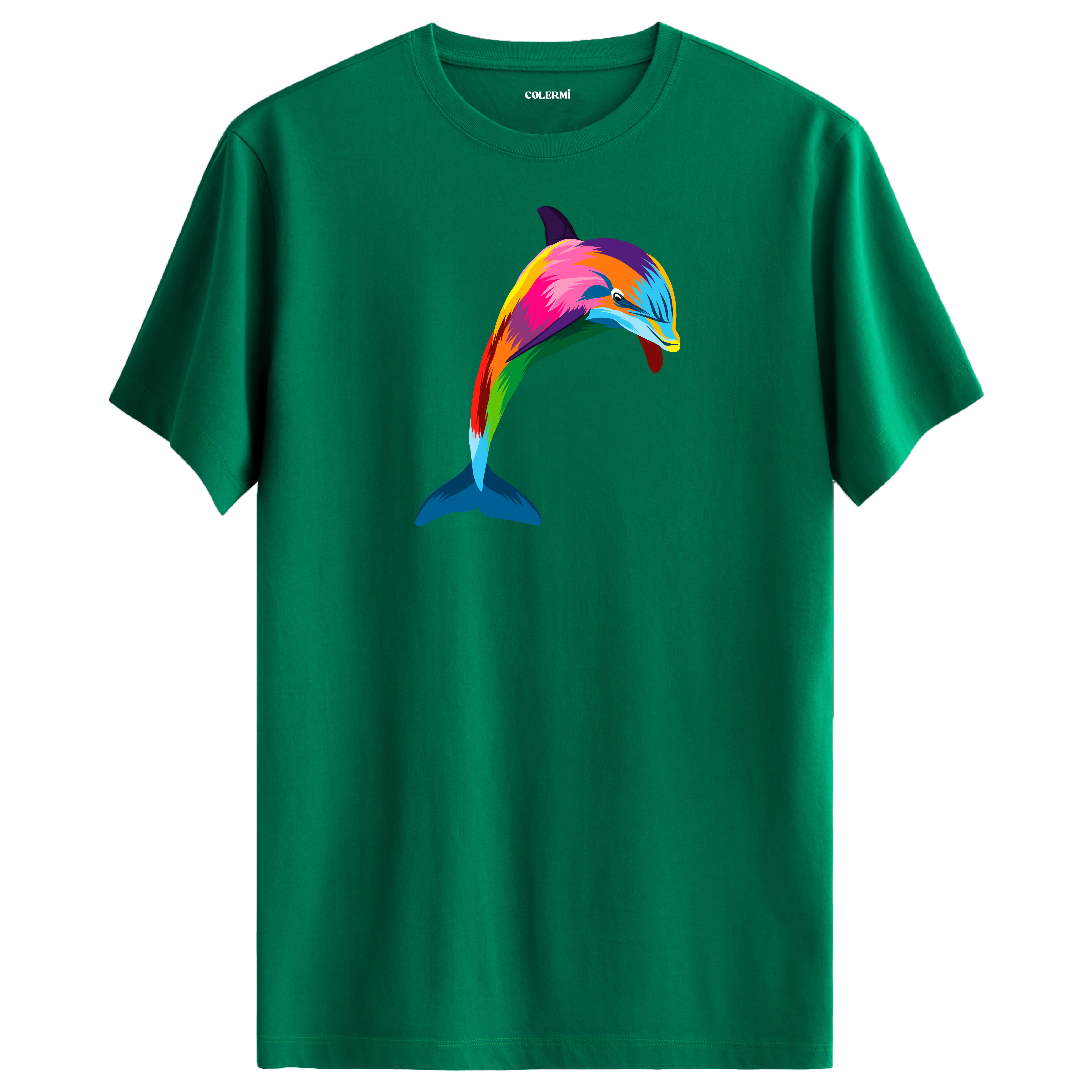 Yeşil tişört üzerinde renkli yunus tasarımı