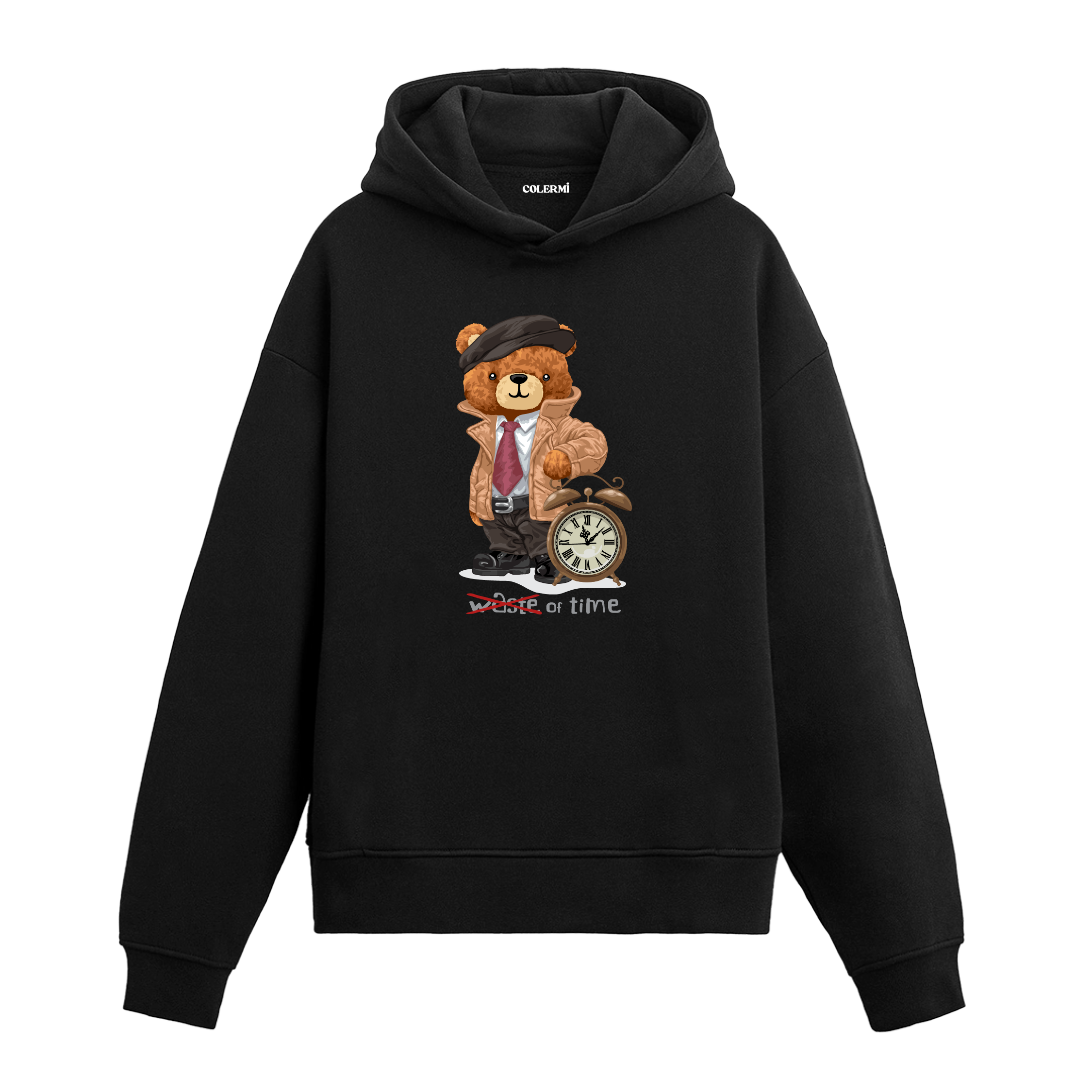 Trençkotlu ayıcık ve saat figürlü, “waste of time” yazılı hoodie tasarımı.