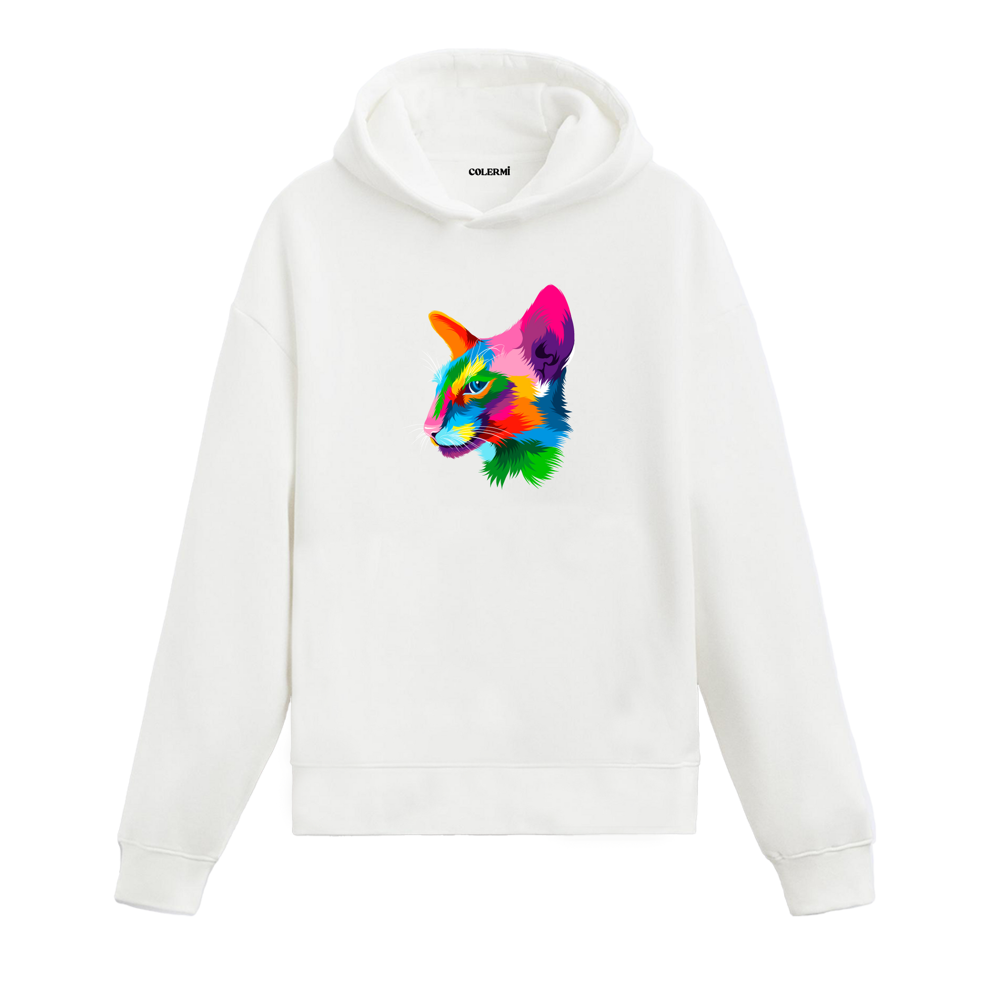Beyaz hoodie, Zara isimli modern kedi baskısı, pamuklu rahat hoodie