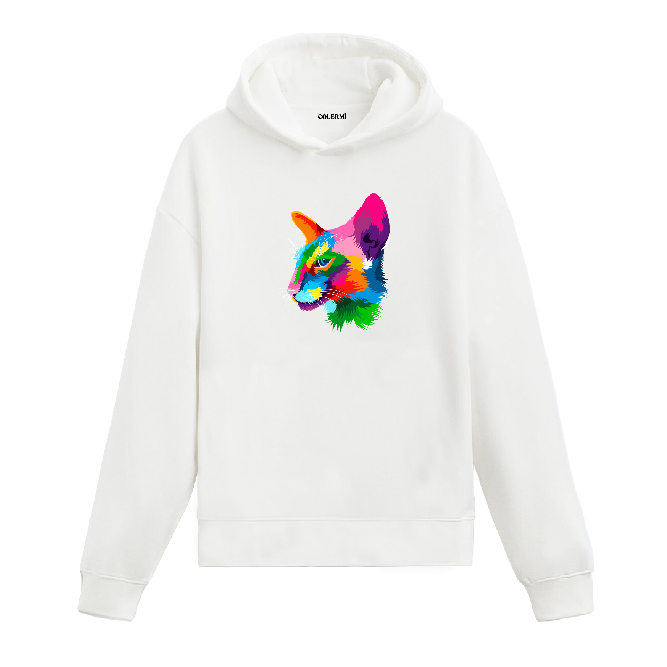Beyaz hoodie, Zara isimli modern kedi baskısı, pamuklu rahat hoodie