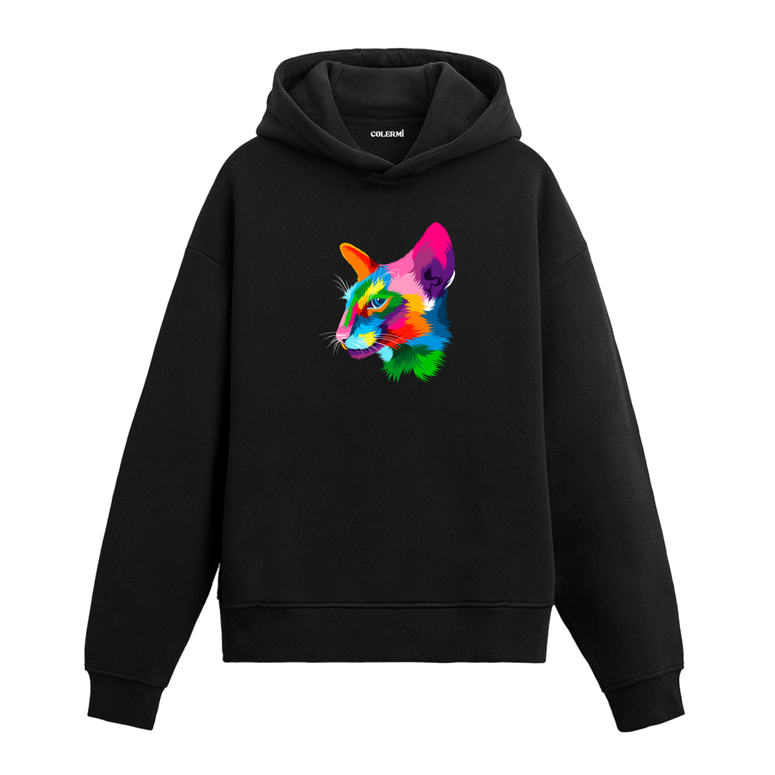 Siyah hoodie, Zara isimli renkli kedi baskısı, pamuklu unisex hoodie