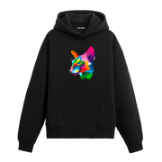 Siyah hoodie, Zara isimli renkli kedi baskısı, pamuklu unisex hoodie