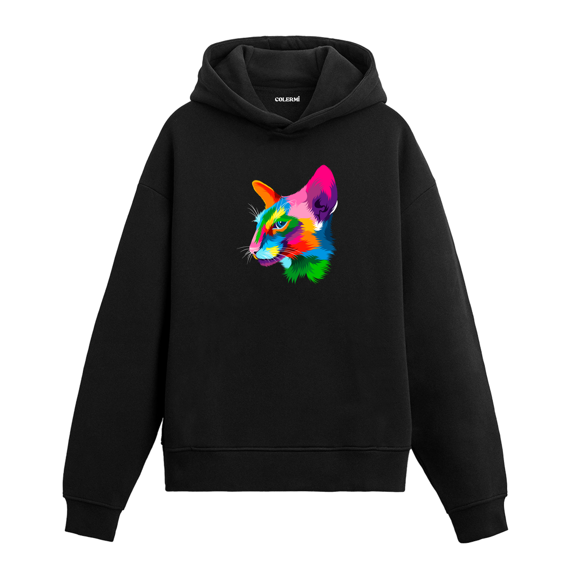 Siyah hoodie, Zara isimli renkli kedi baskısı, pamuklu unisex hoodie
