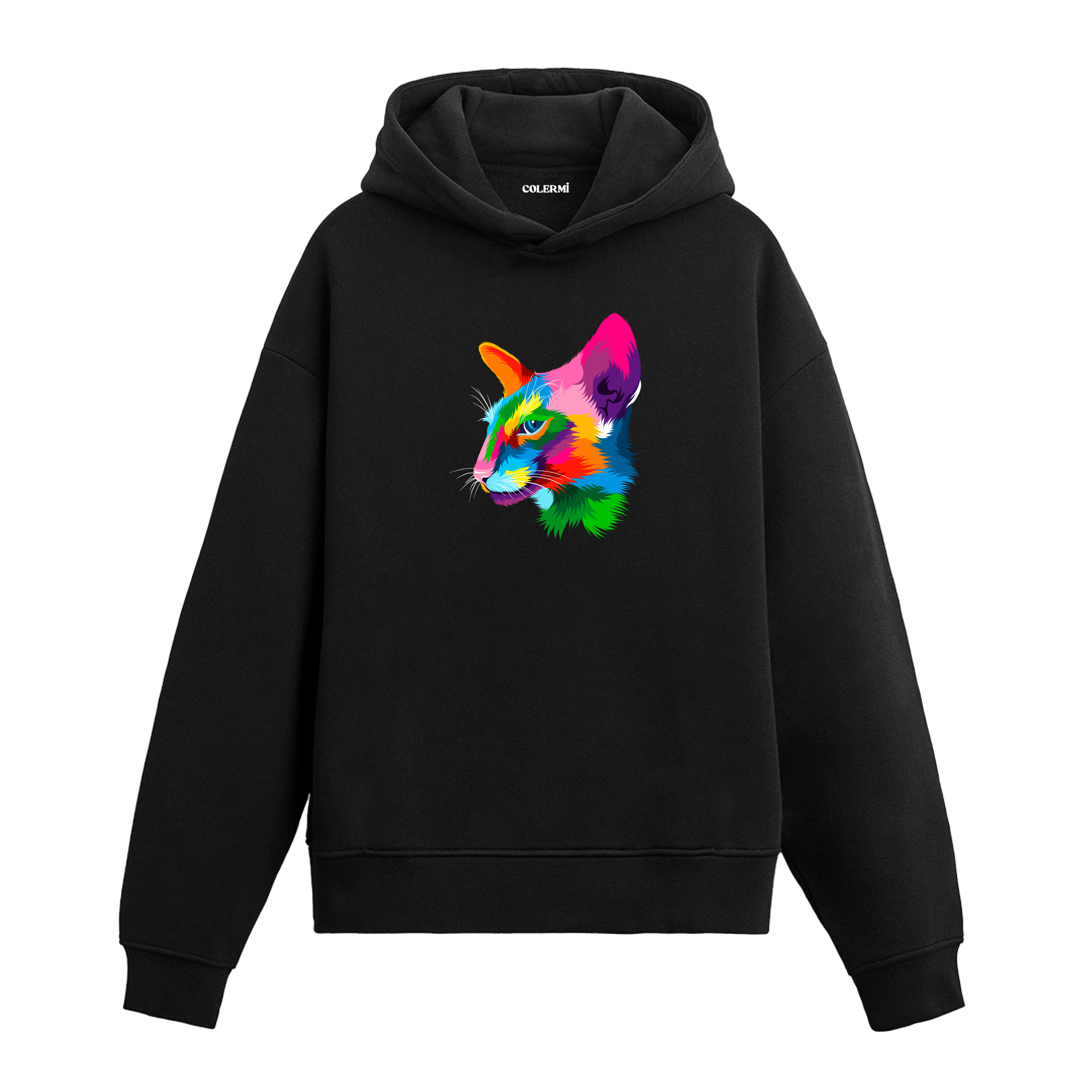 Siyah hoodie, Zara isimli renkli kedi baskısı, pamuklu unisex hoodie
