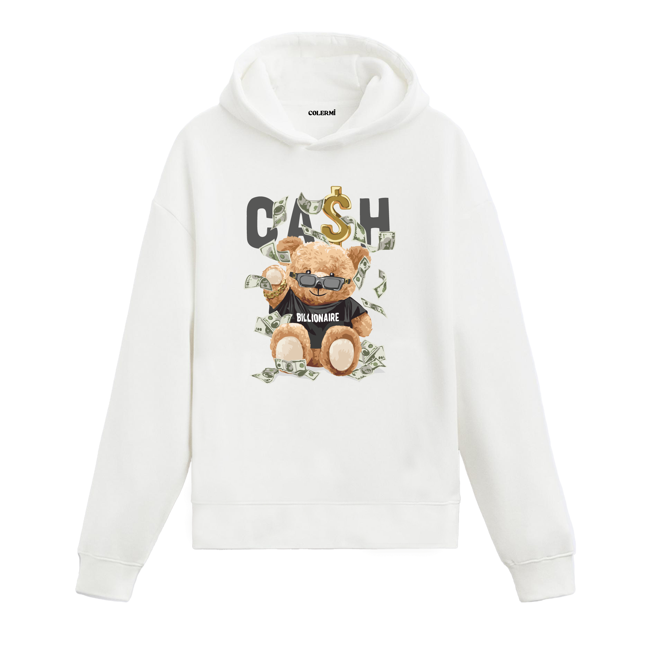 Üzerine para saçılan ve “Billionaire” yazılı tişört giyen ayıcık baskılı hoodie tasarımı.