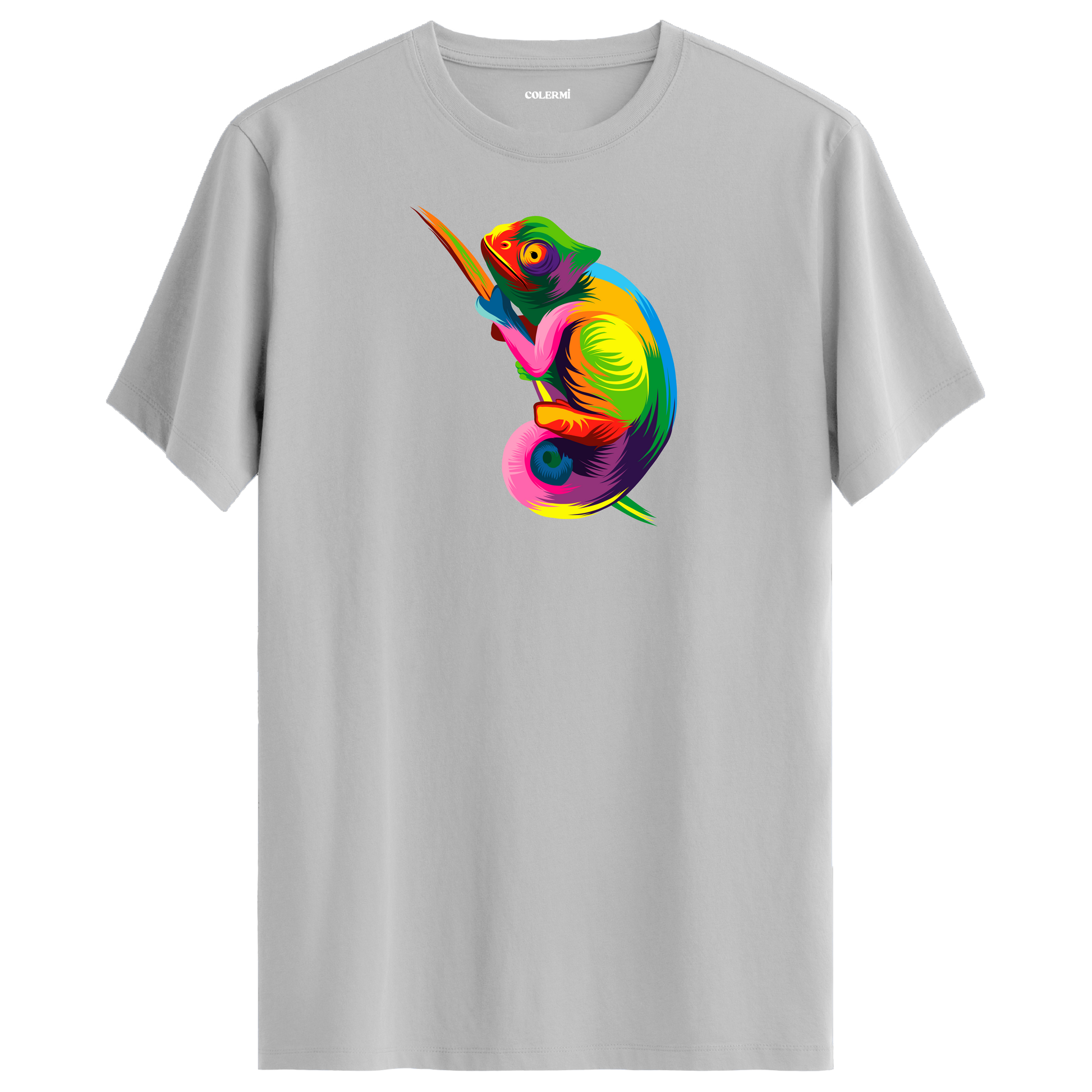 Antrasit tişört üzerinde renkli Zeno bukalemun tasarımı