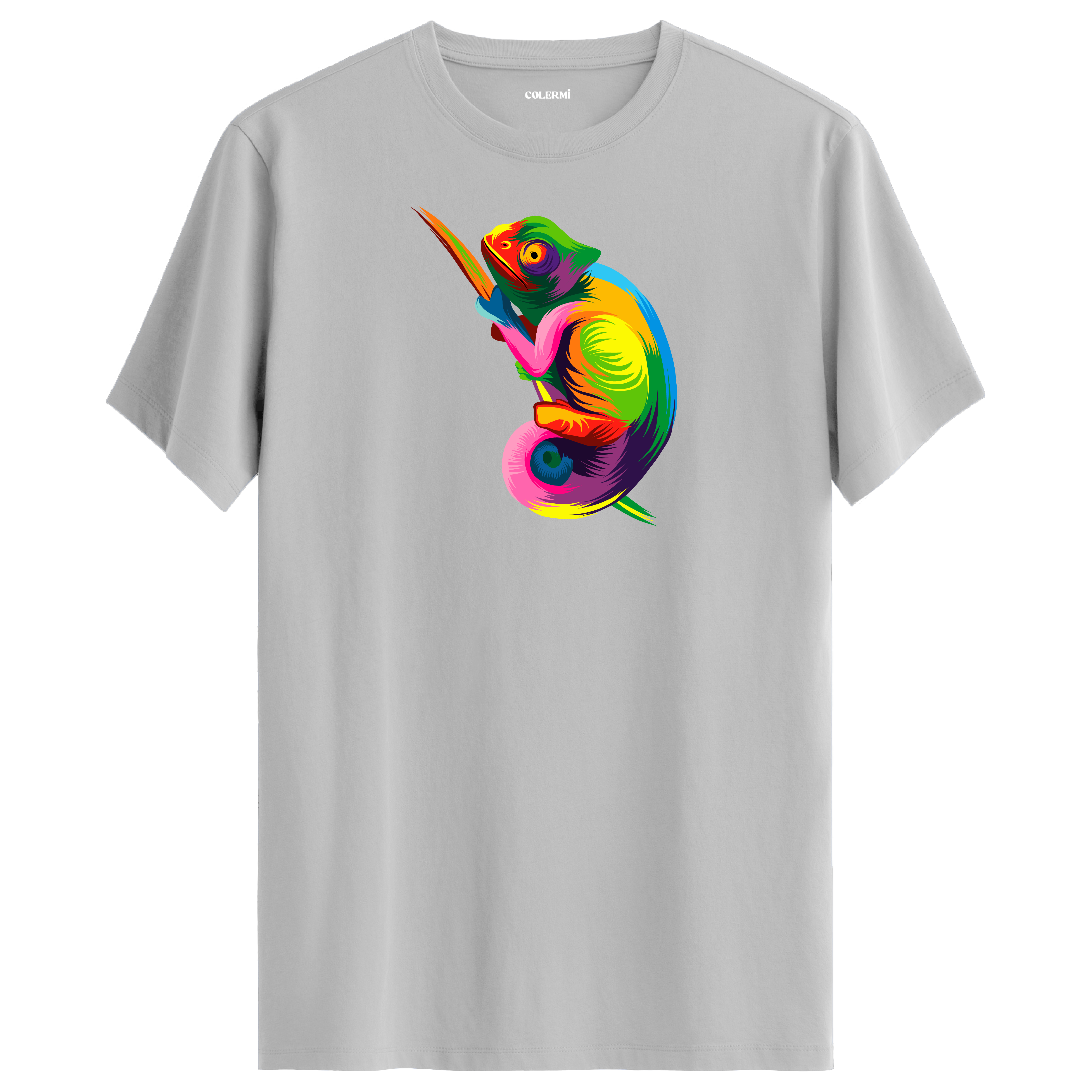 Antrasit tişört üzerinde renkli Zeno bukalemun tasarımı