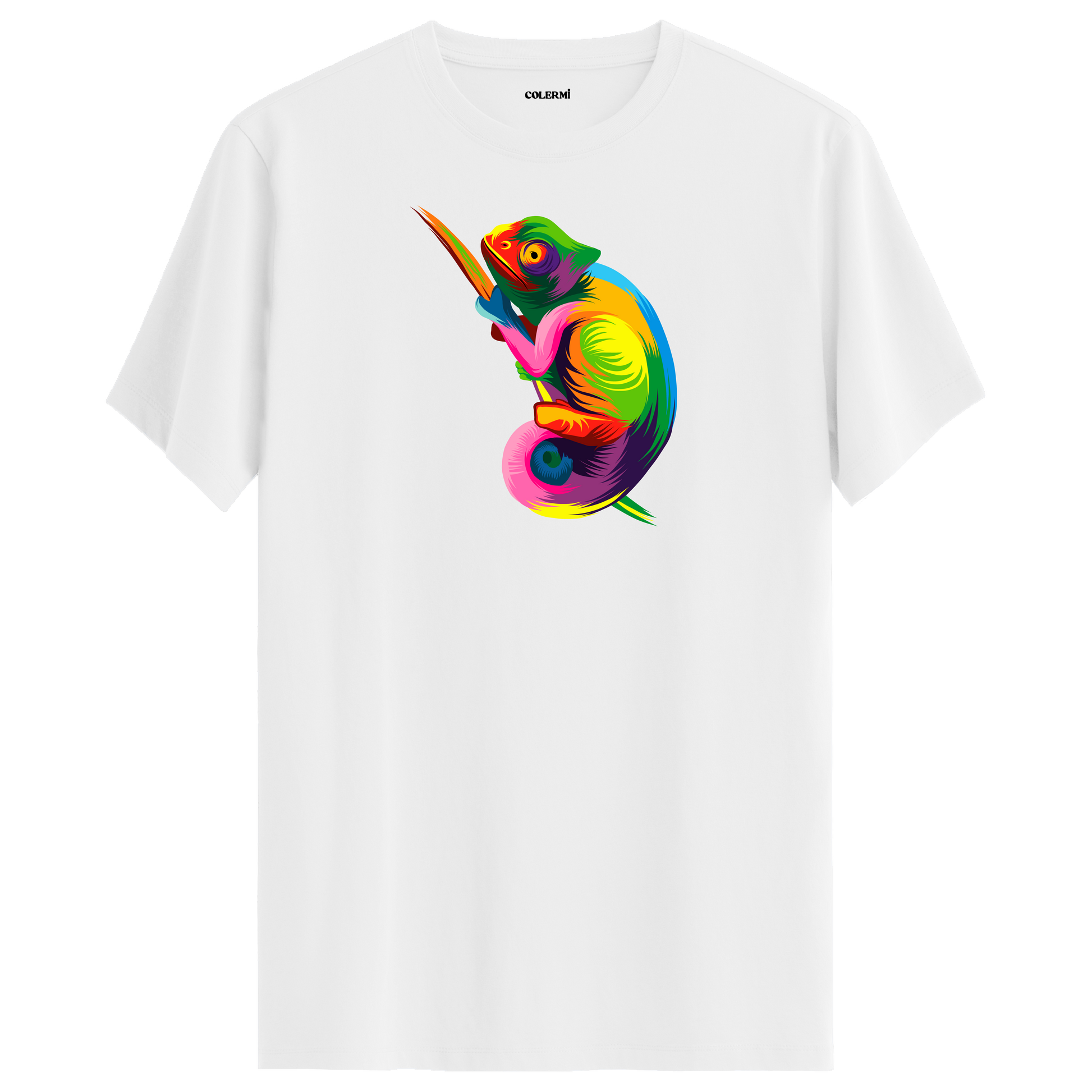 Beyaz tişört üzerinde renkli Zeno bukalemun tasarımı