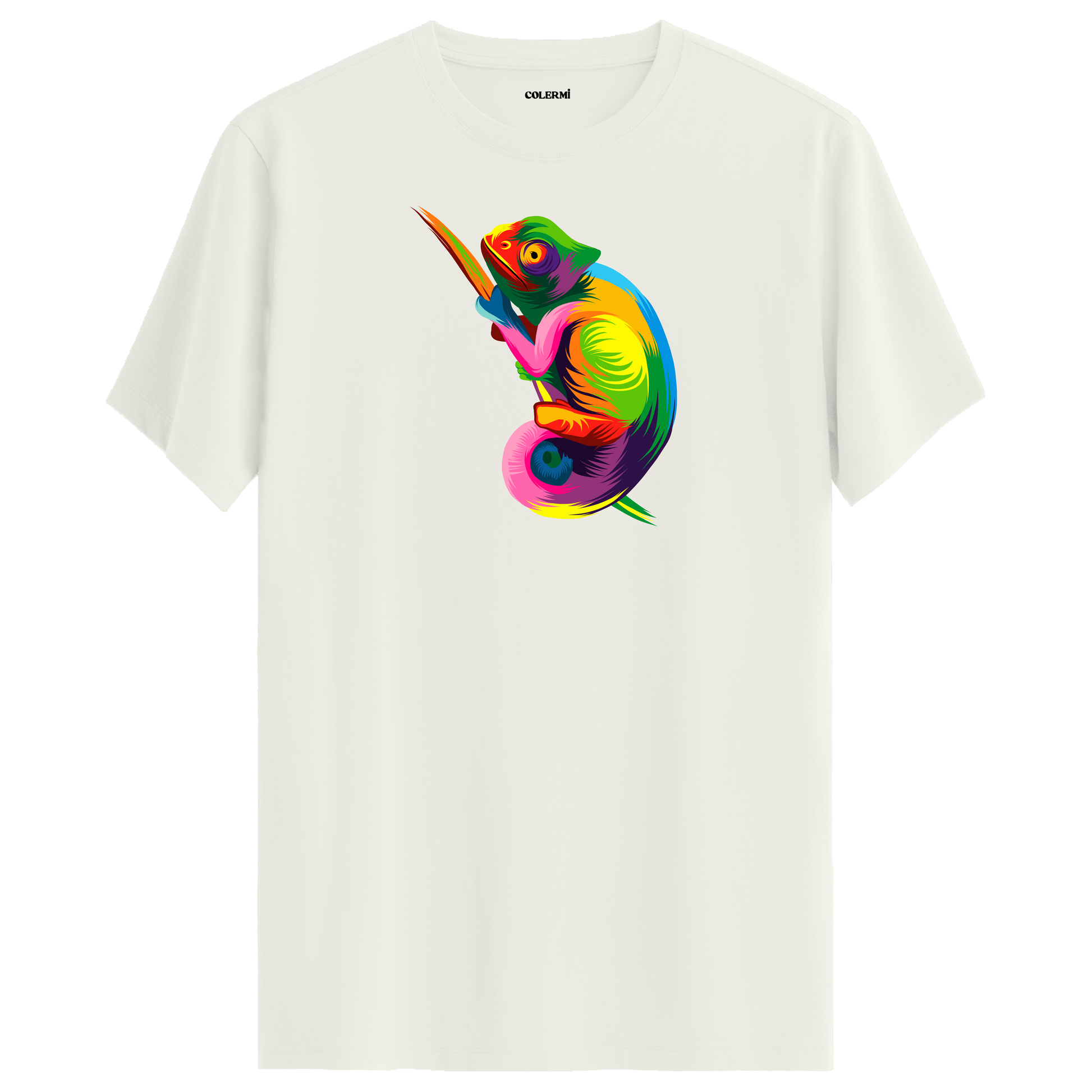 Ekru tişört üzerinde renkli Zeno bukalemun tasarımı