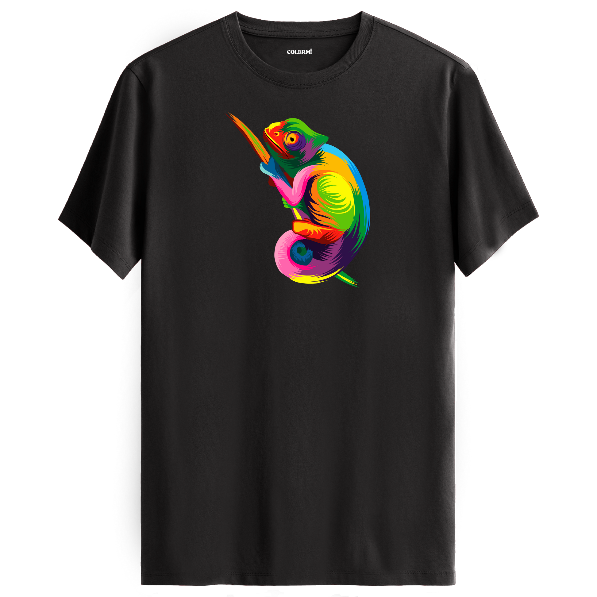 Gri tişört üzerinde renkli Zeno bukalemun tasarımı