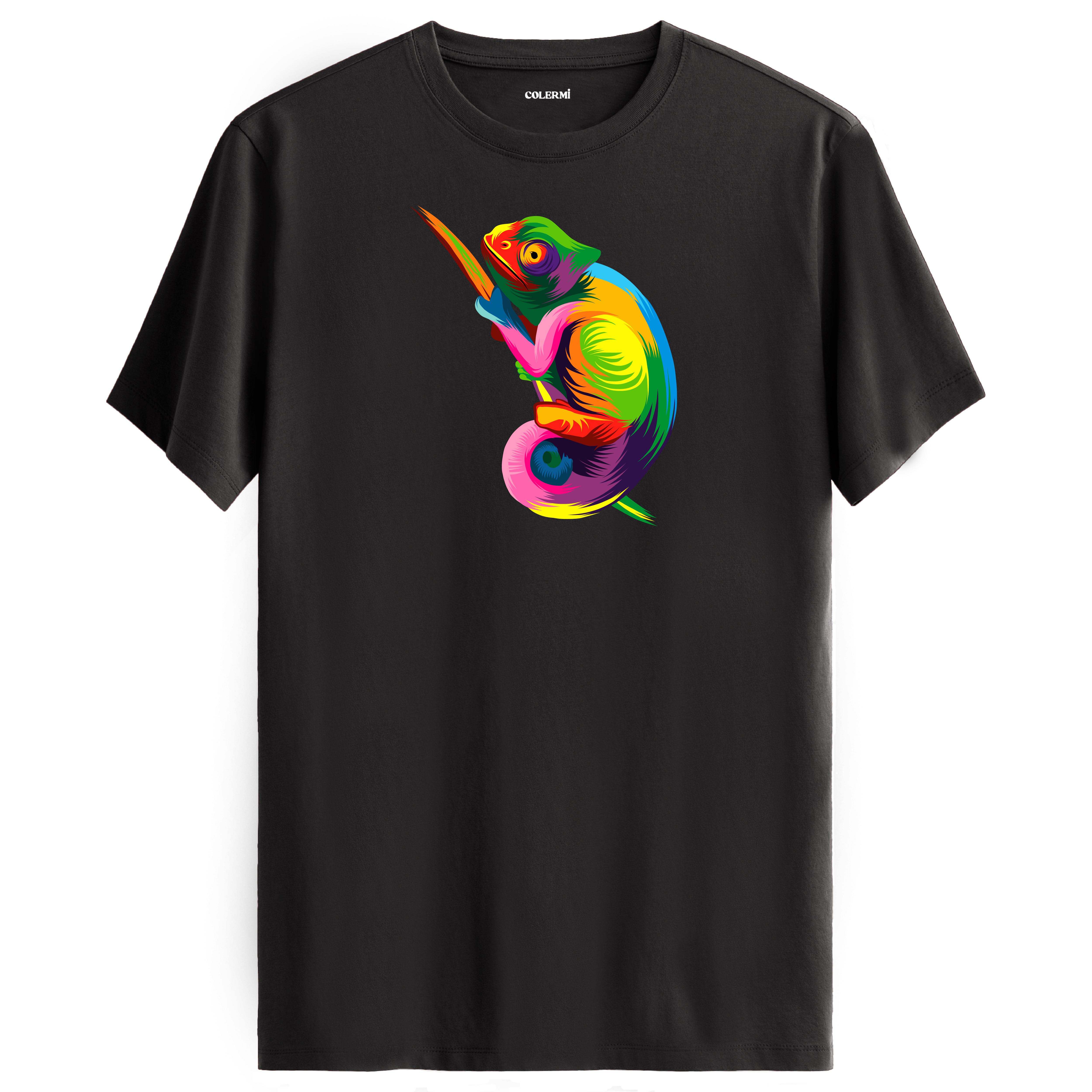 Gri tişört üzerinde renkli Zeno bukalemun tasarımı