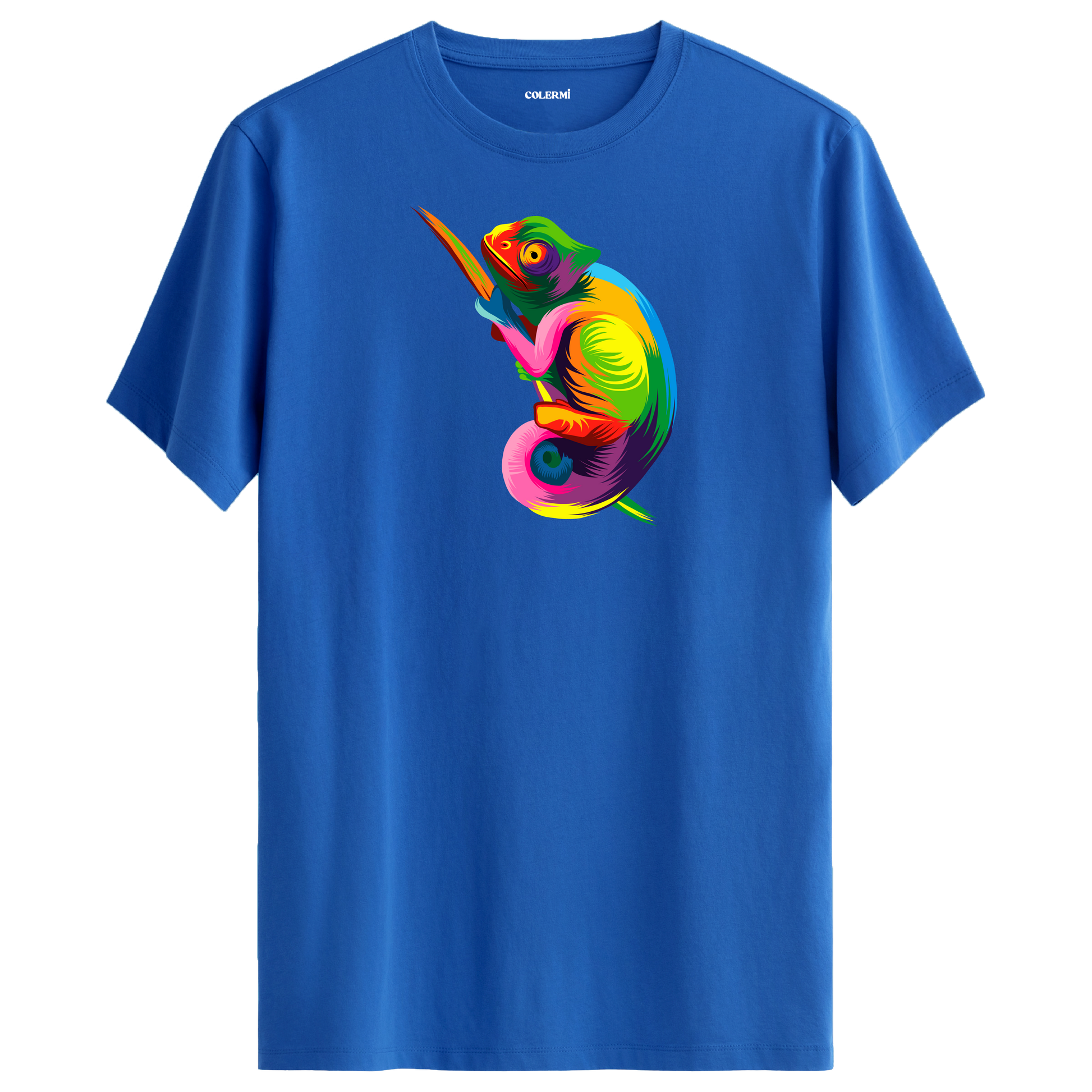 Mavi tişört üzerinde renkli Zeno bukalemun tasarımı