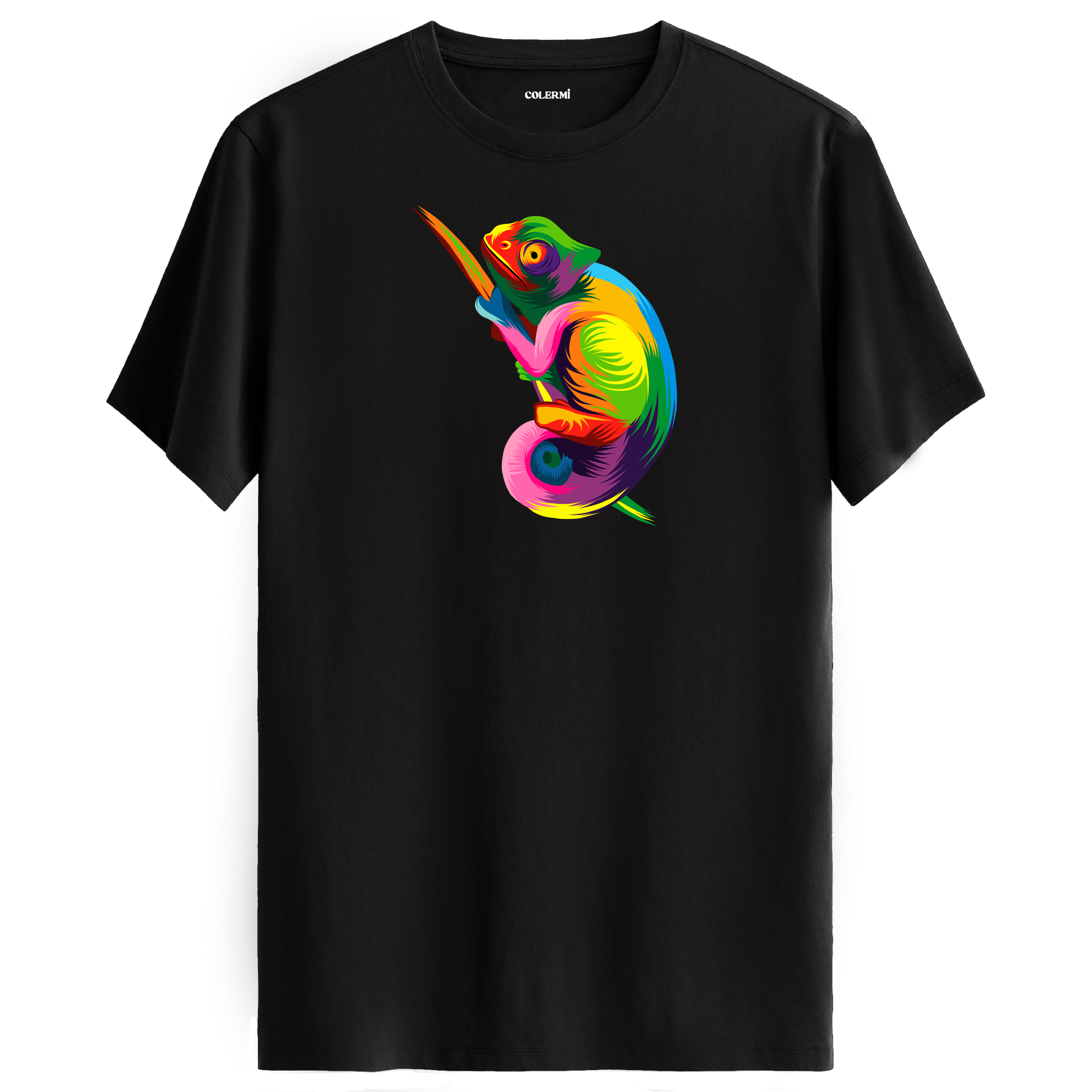 Siyah tişört üzerinde renkli Zeno bukalemun tasarımı