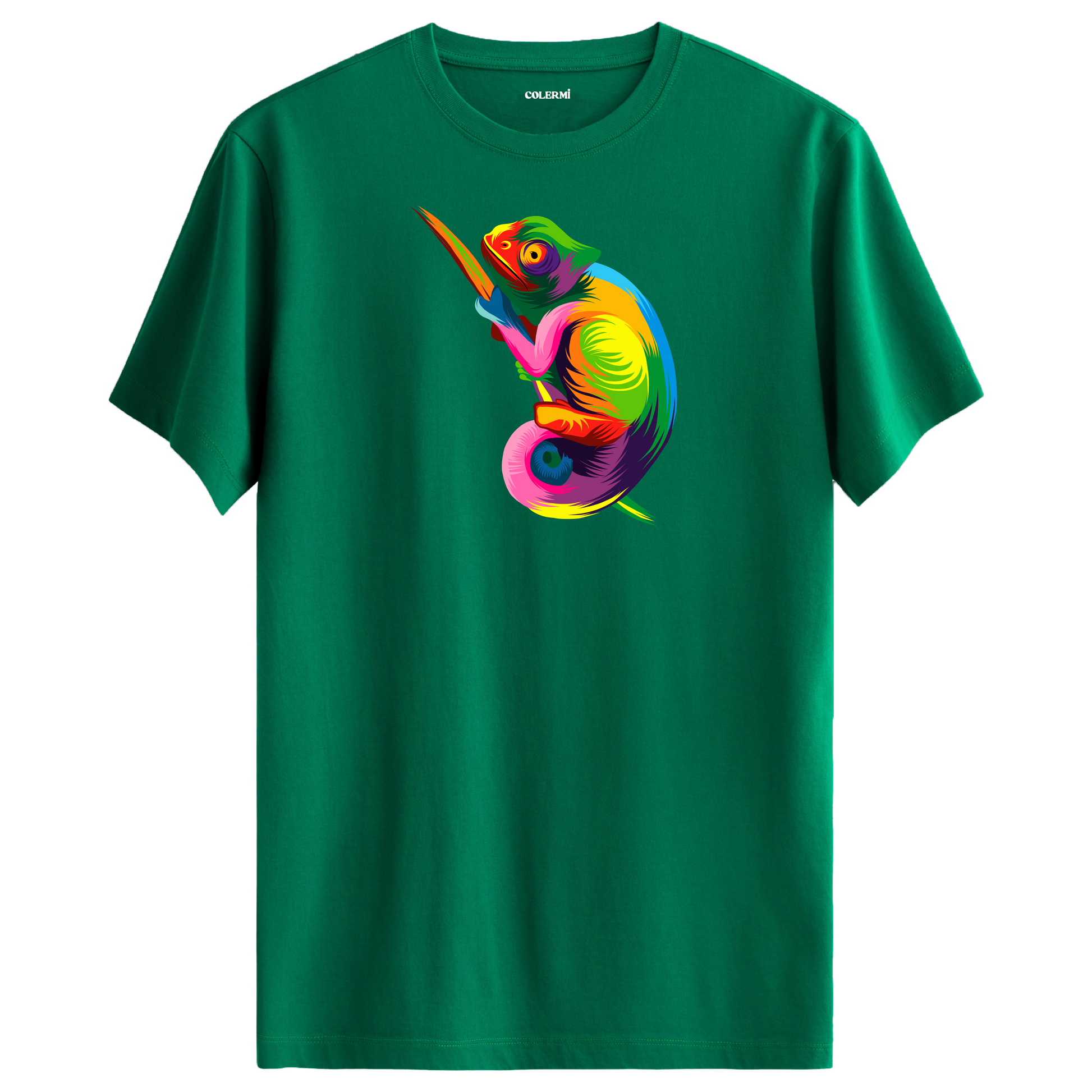 Yeşil tişört üzerinde renkli Zeno bukalemun tasarımı