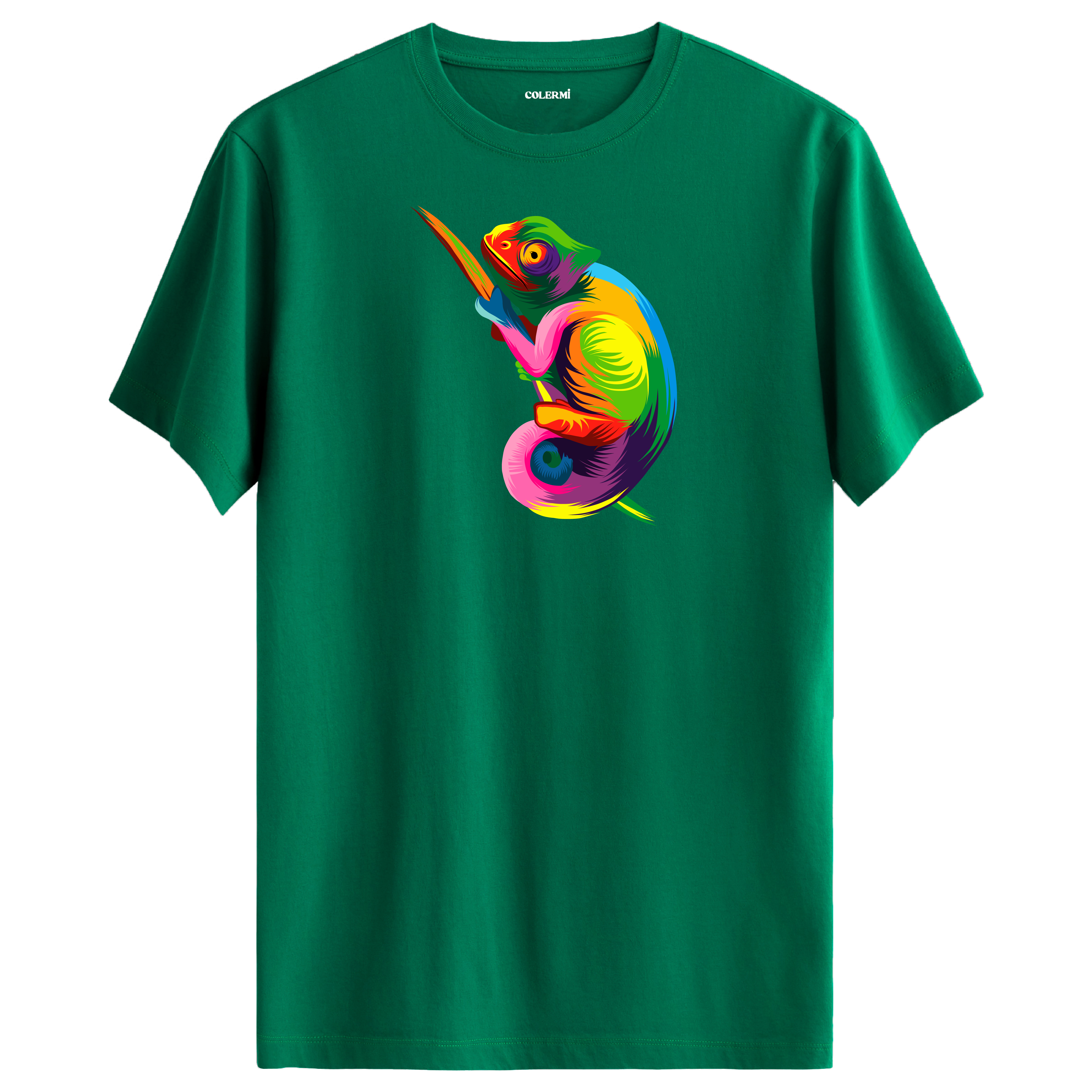 Yeşil tişört üzerinde renkli Zeno bukalemun tasarımı