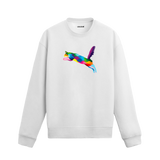beyaz sweatshirt üzerinde renkli zıplayan kedi baskısı.