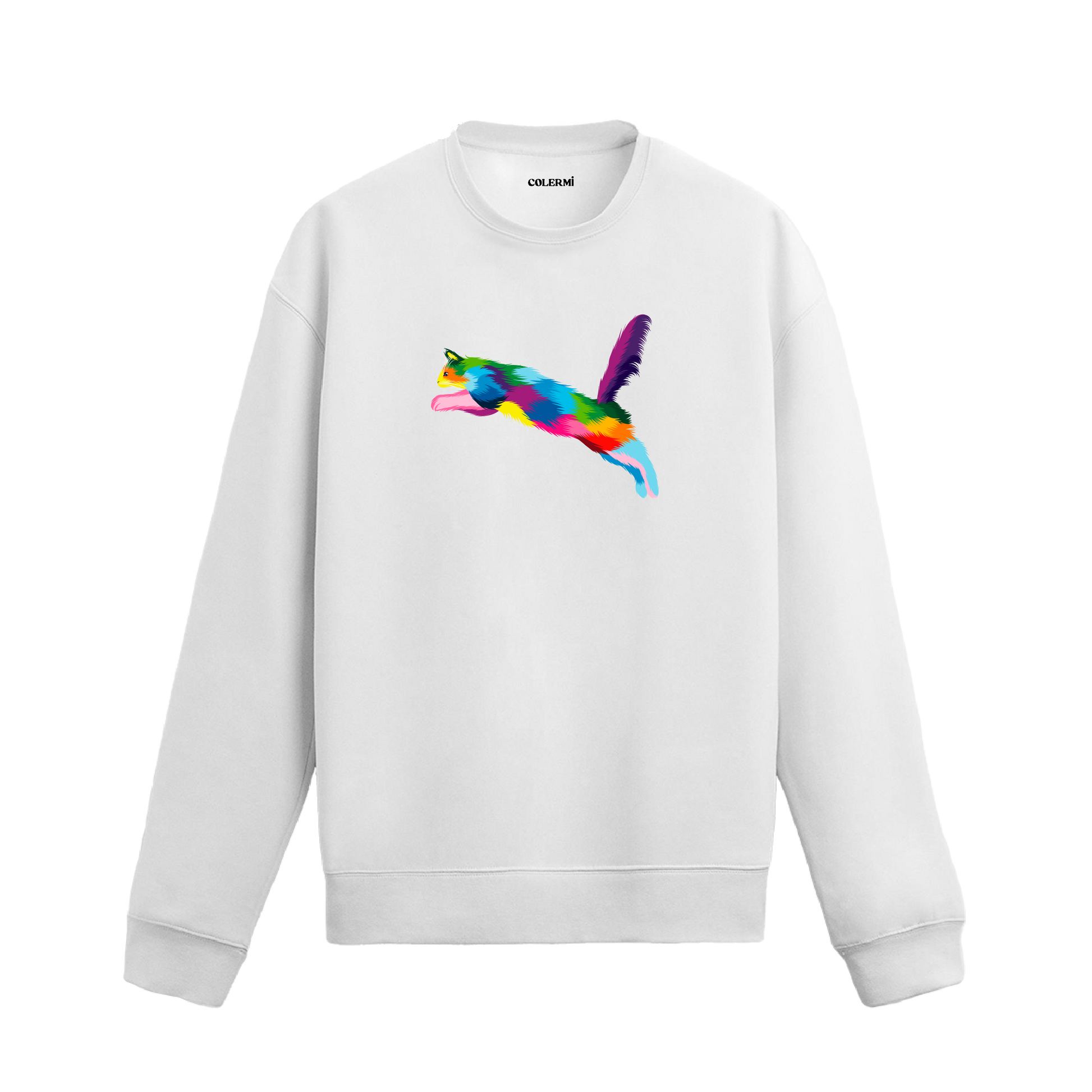 beyaz sweatshirt üzerinde renkli zıplayan kedi baskısı.