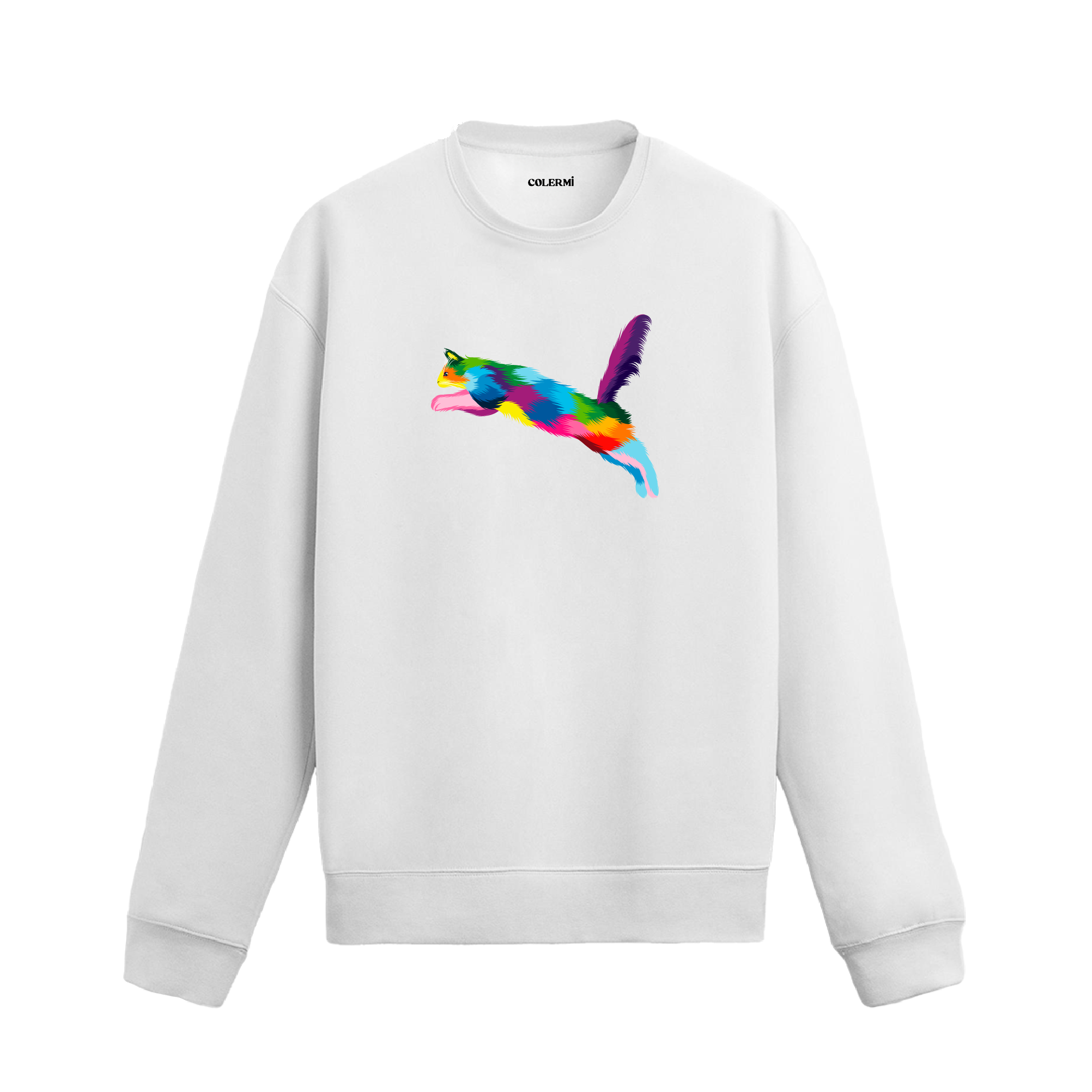 beyaz sweatshirt üzerinde renkli zıplayan kedi baskısı.