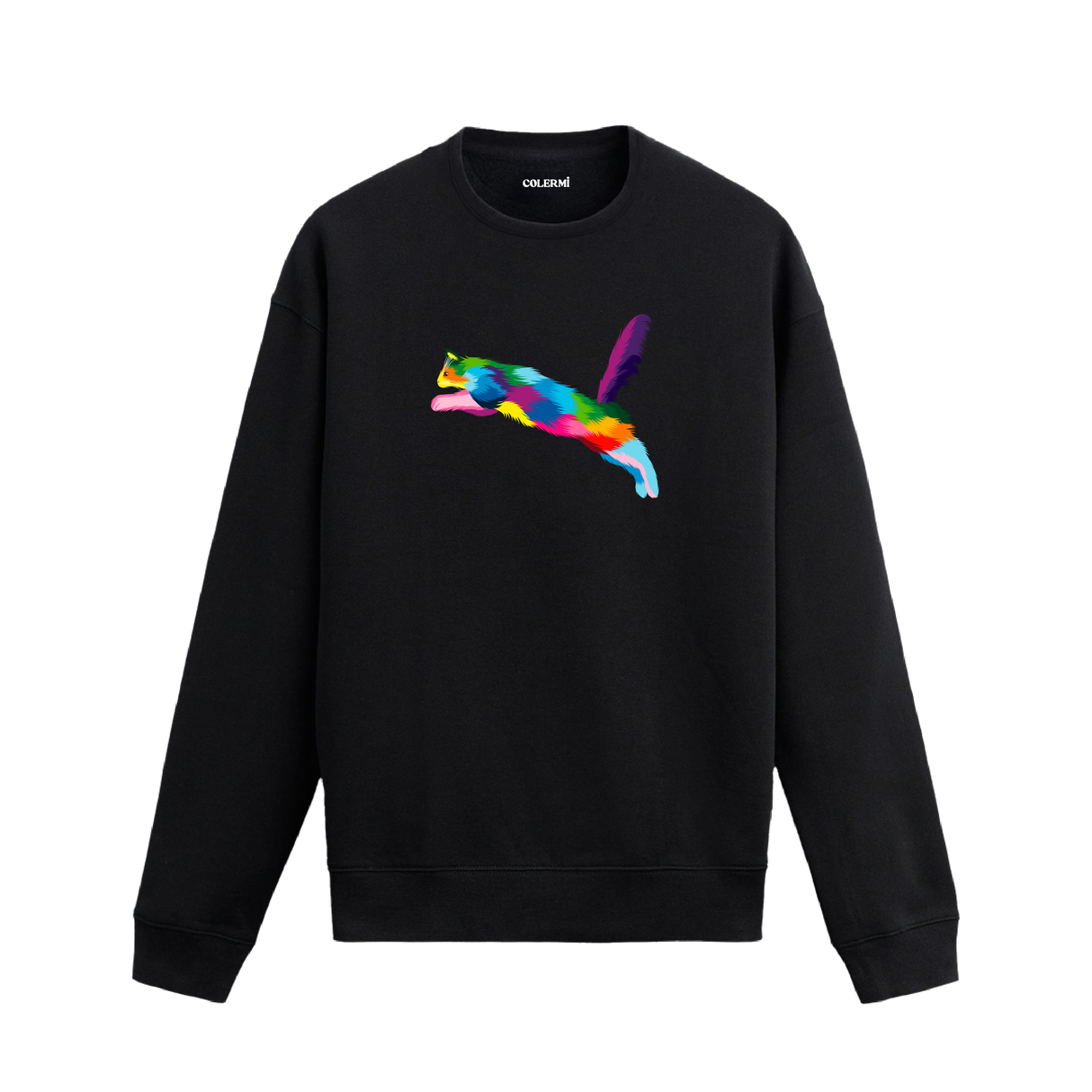 Siyah sweatshirt üzerinde renkli zıplayan kedi baskısı.