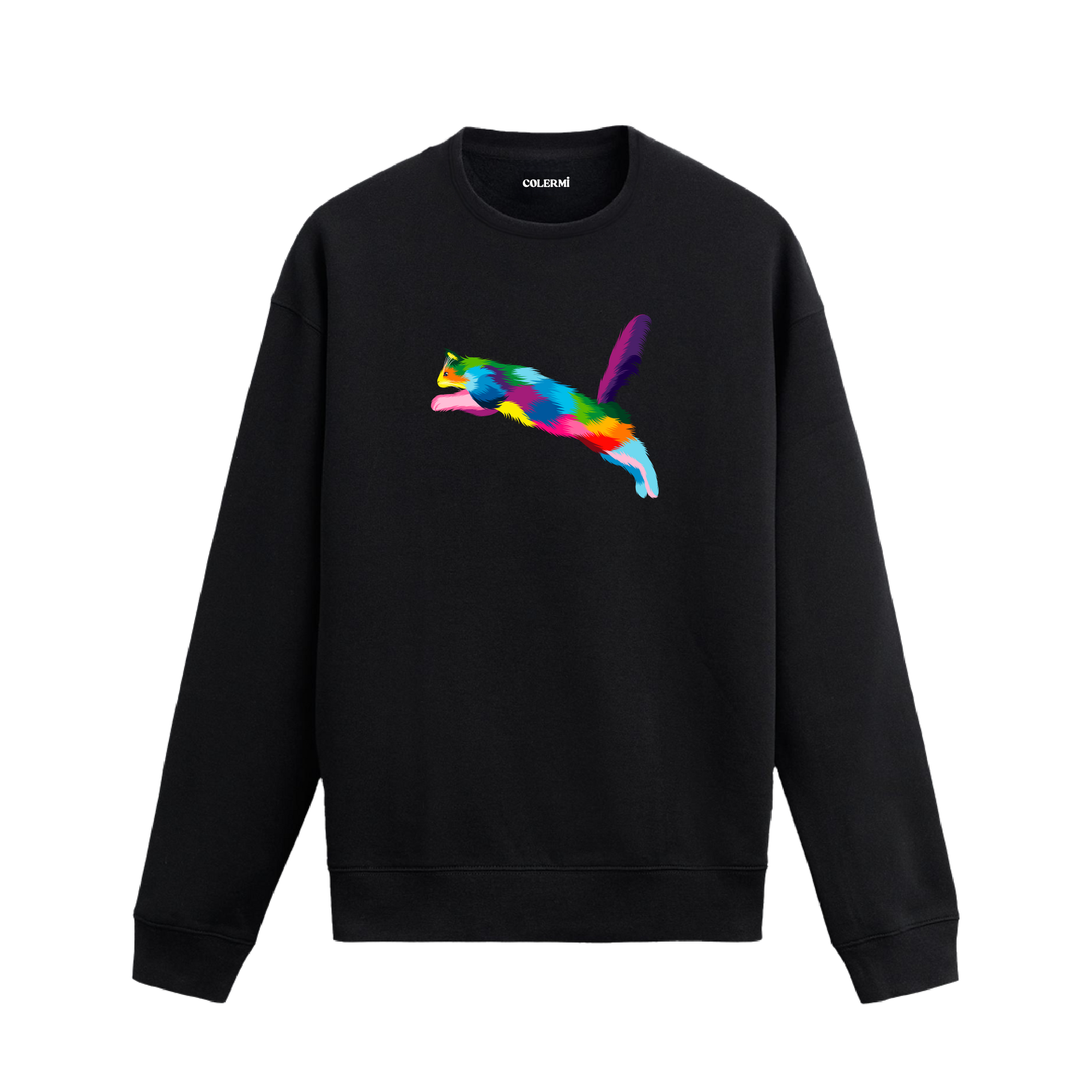 Siyah sweatshirt üzerinde renkli zıplayan kedi baskısı.