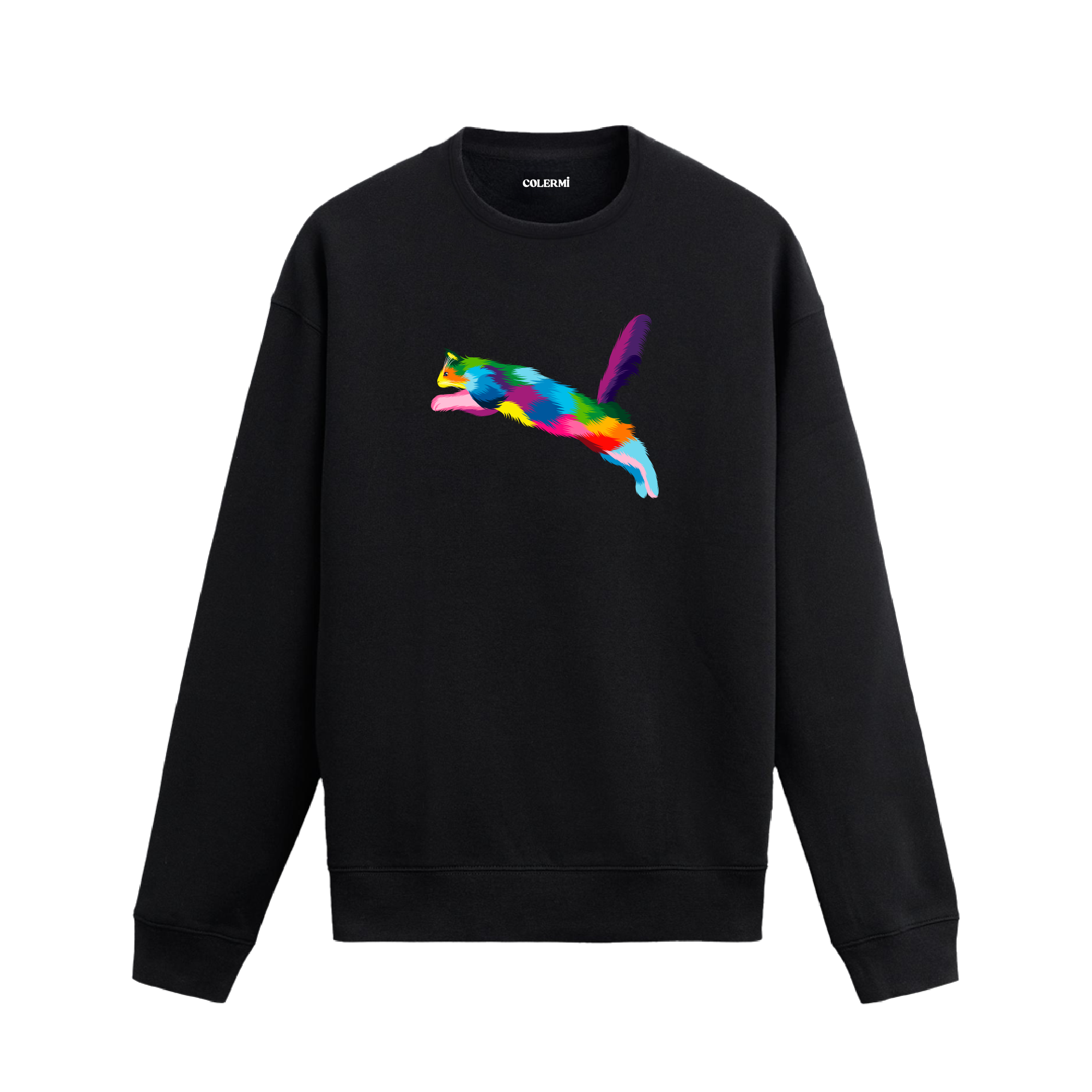 Siyah sweatshirt üzerinde renkli zıplayan kedi baskısı.