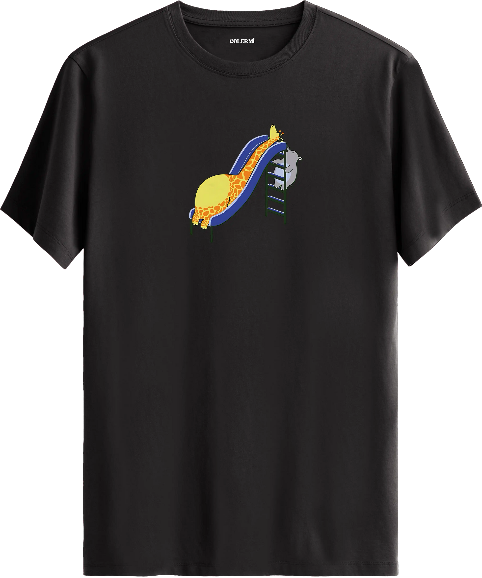 Zürafa kaydırak tasarımlı antrasit tişört eğlenceli hayvan baskılı tasarım