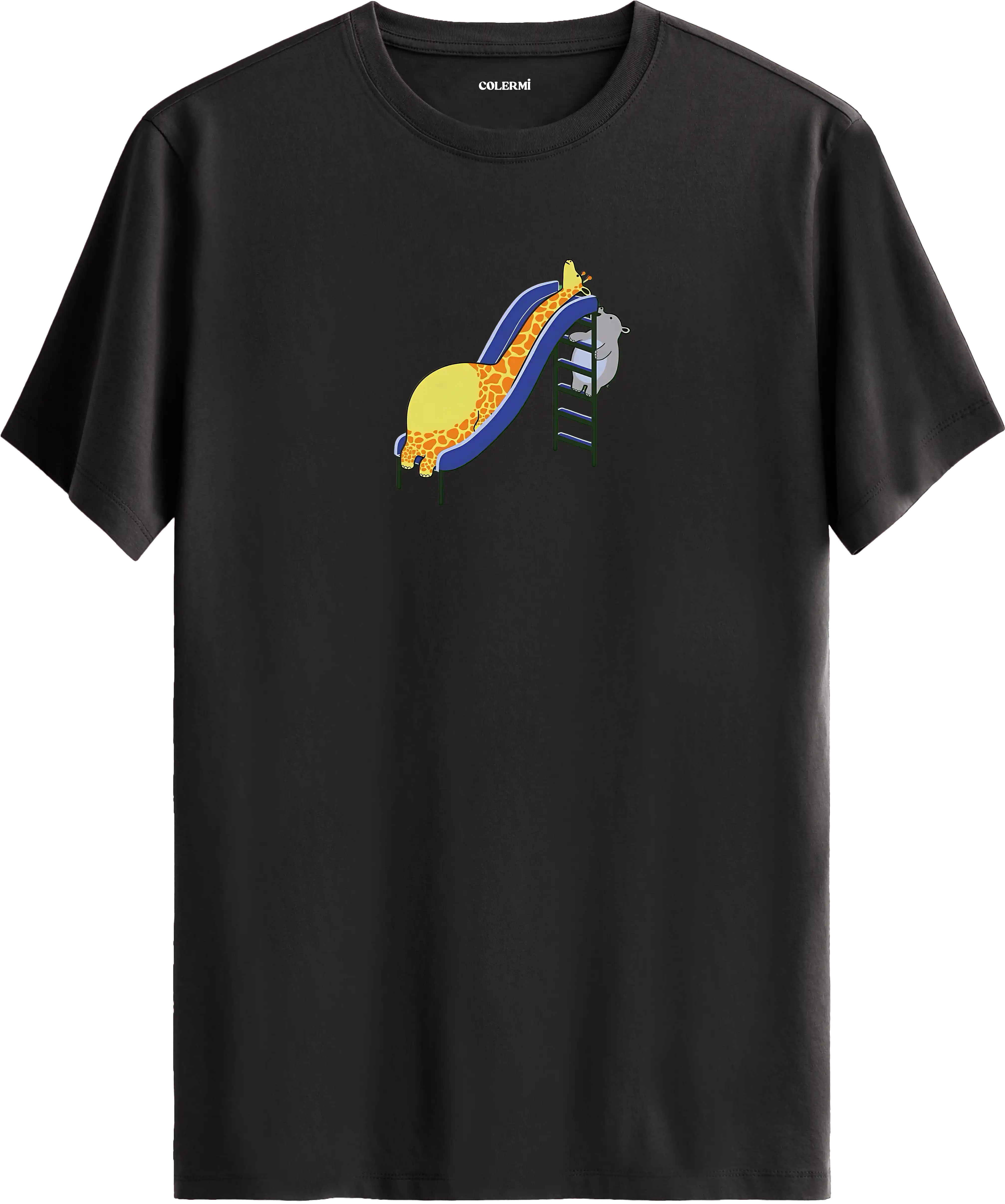 Zürafa kaydırak tasarımlı antrasit tişört eğlenceli hayvan baskılı tasarım