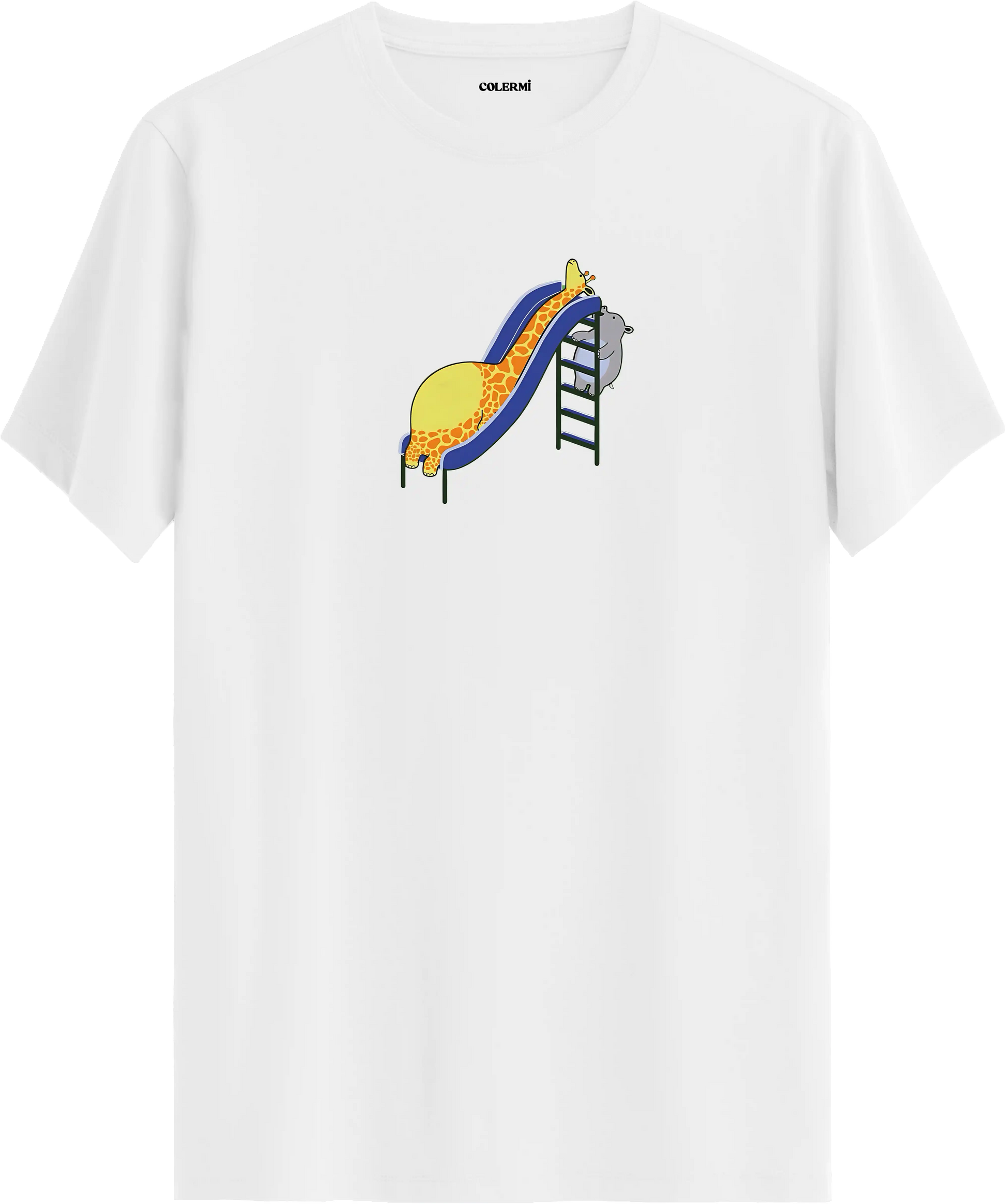 Zürafa kaydırak tasarımlı beyaz tişört eğlenceli hayvan baskılı tasarım