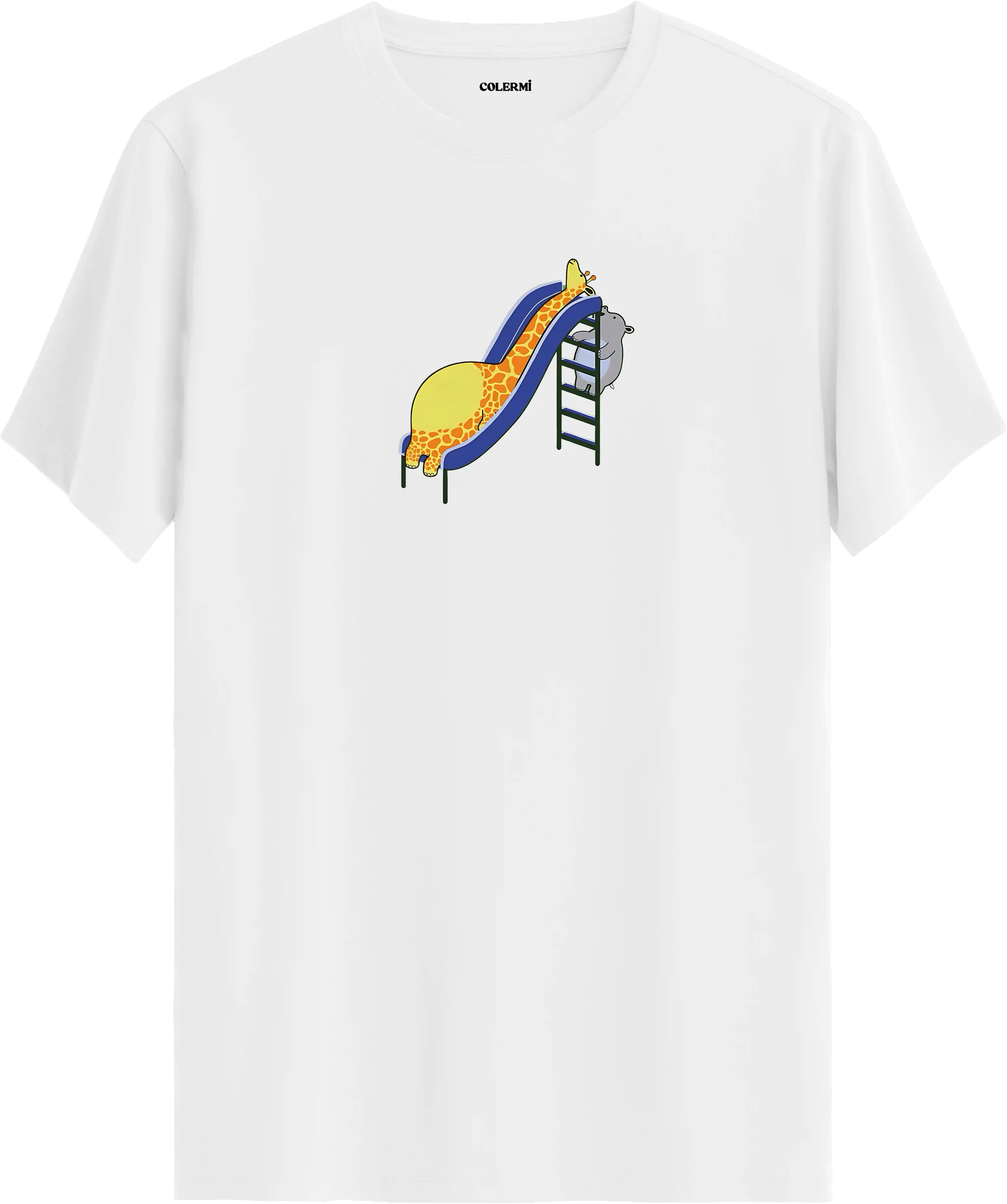 Zürafa kaydırak tasarımlı beyaz tişört eğlenceli hayvan baskılı tasarım