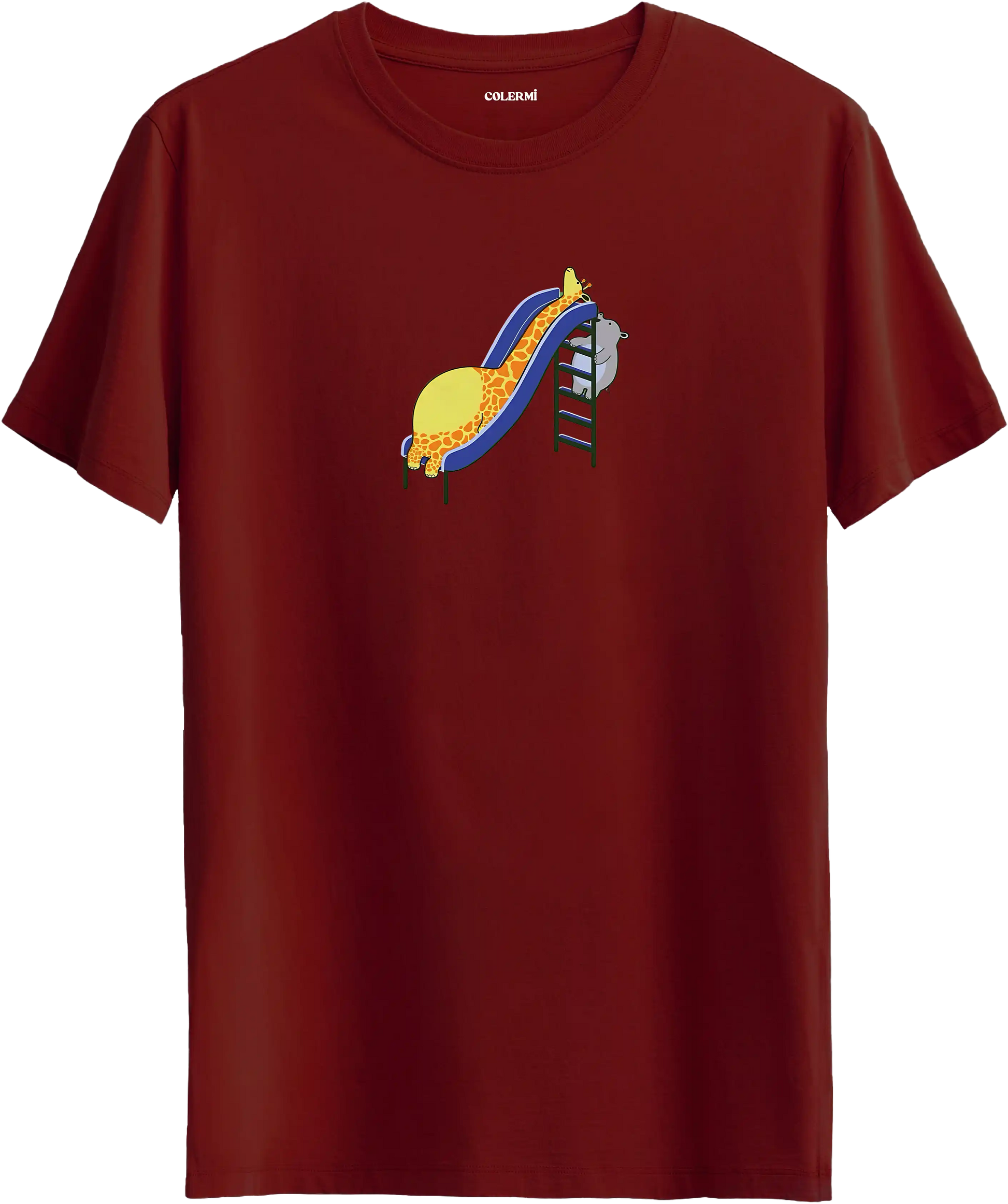 Zürafa kaydırak tasarımlı bordo renk tişört eğlenceli hayvan baskılı tasarım