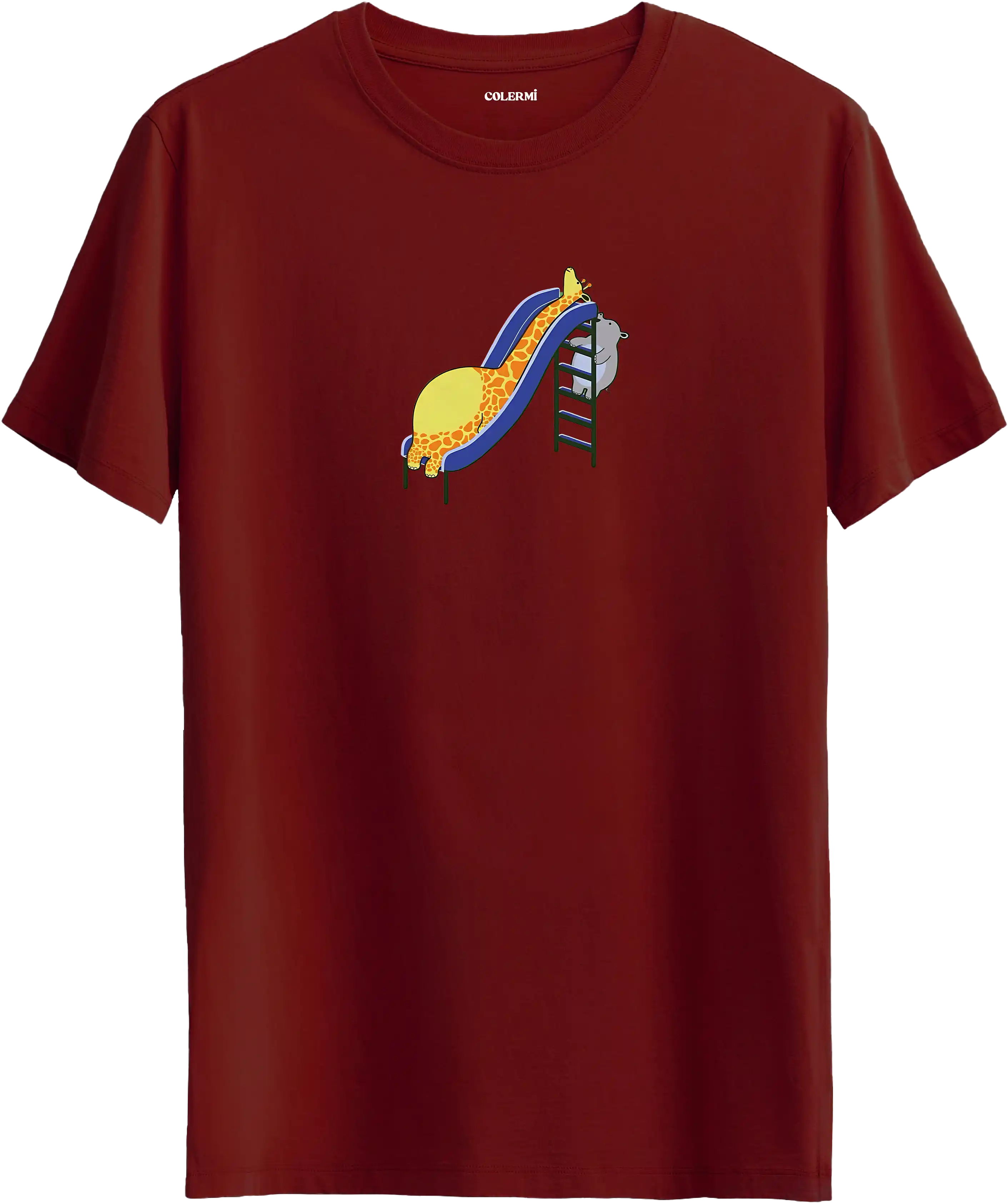 Zürafa kaydırak tasarımlı bordo renk tişört eğlenceli hayvan baskılı tasarım