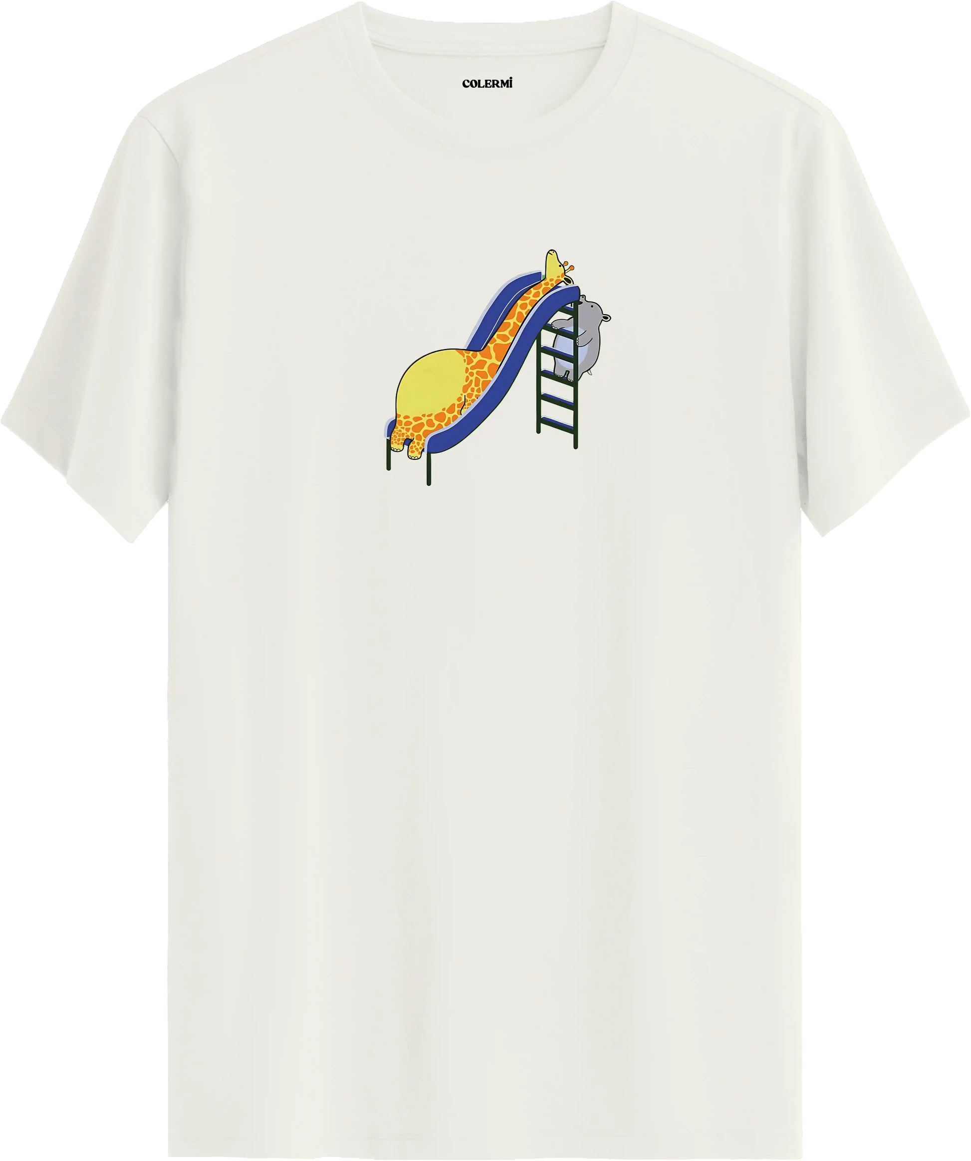 Zürafa kaydırak tasarımlı ekru renk tişört eğlenceli hayvan baskılı tasarım
