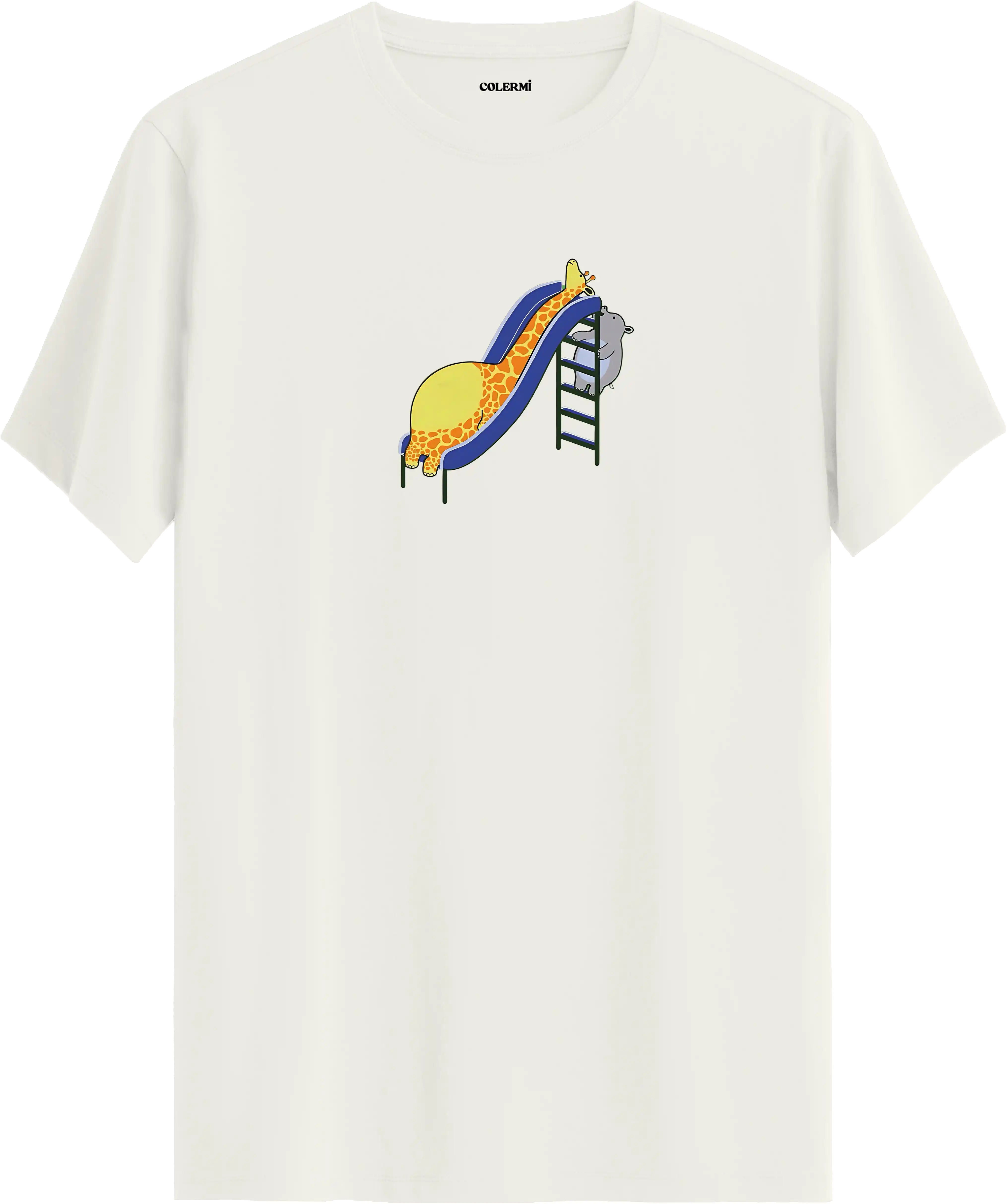Zürafa kaydırak tasarımlı ekru renk tişört eğlenceli hayvan baskılı tasarım