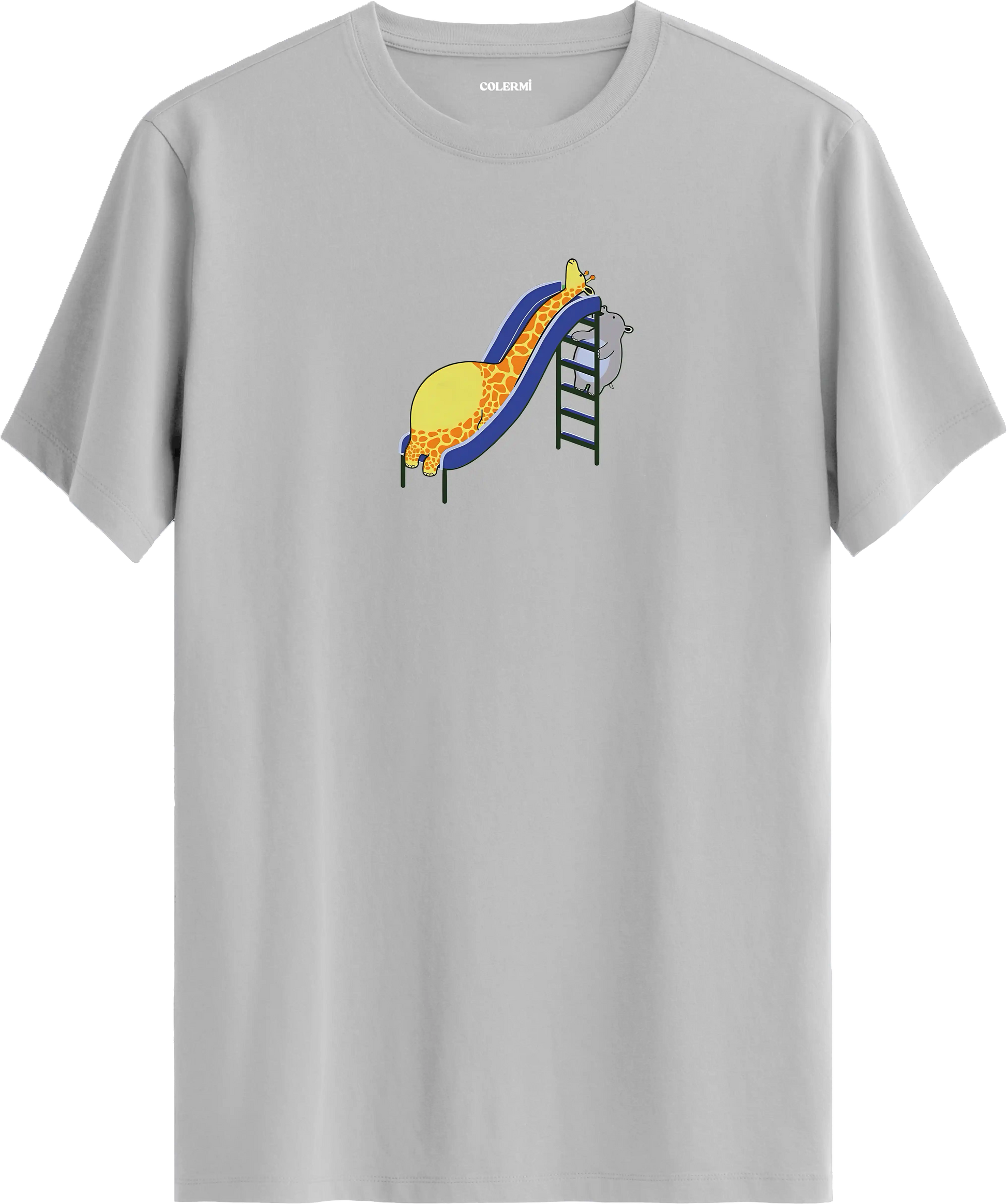 Zürafa kaydırak tasarımlı gri renk tişört eğlenceli hayvan baskılı tasarım