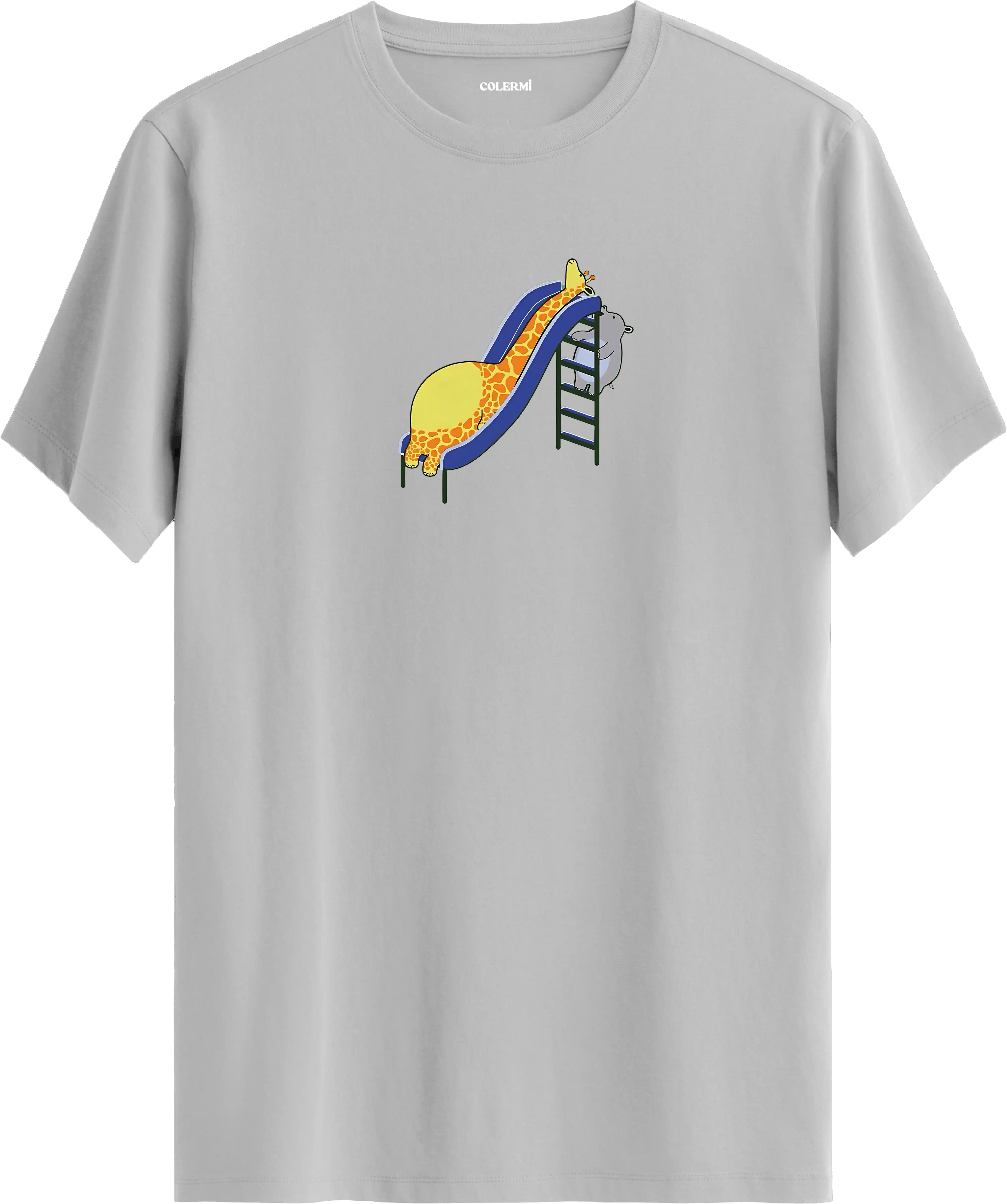 Zürafa kaydırak tasarımlı gri renk tişört eğlenceli hayvan baskılı tasarım
